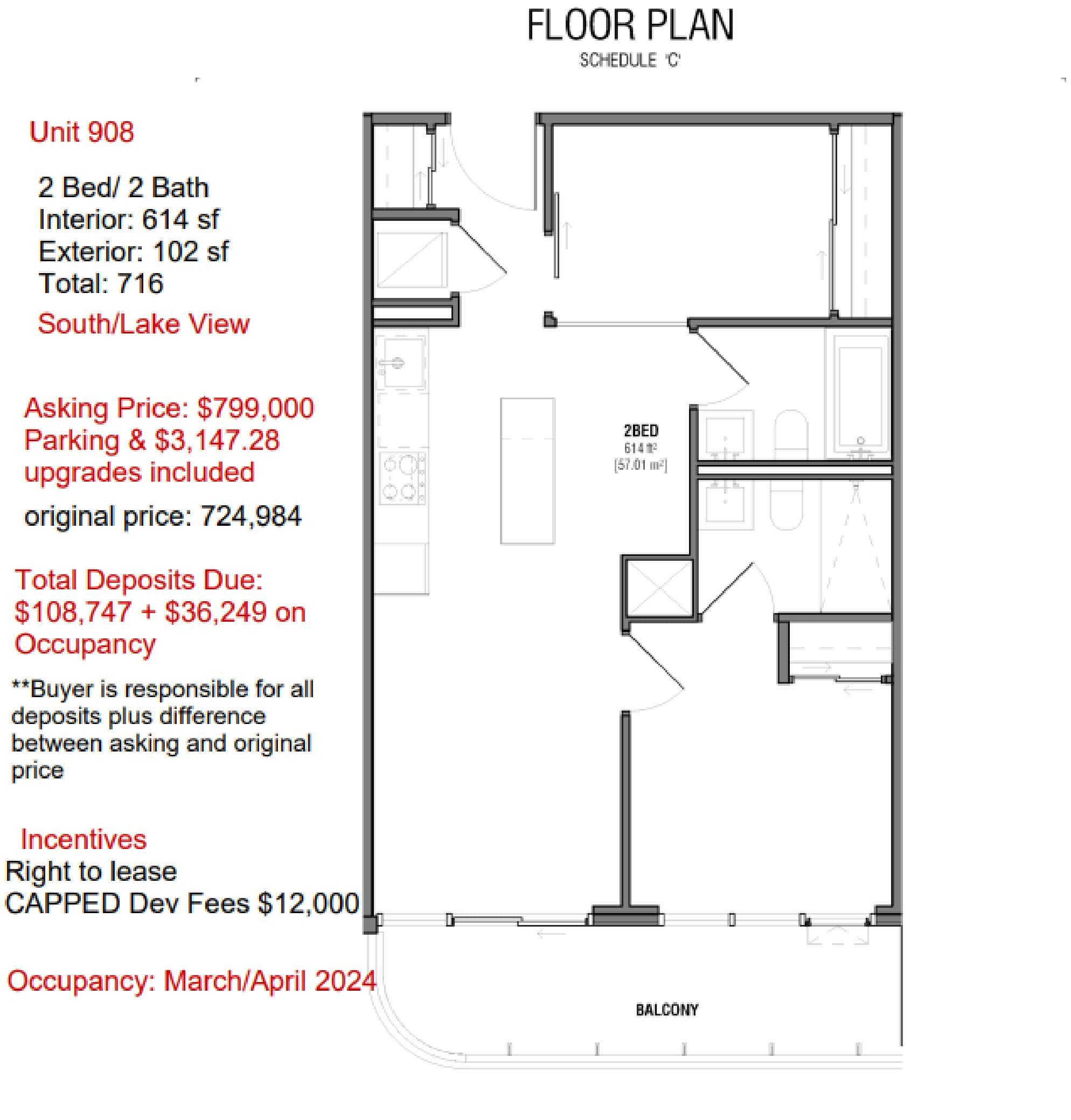 Unit 908 Floor Plan at Lakeview Towns - 614 sq.ft