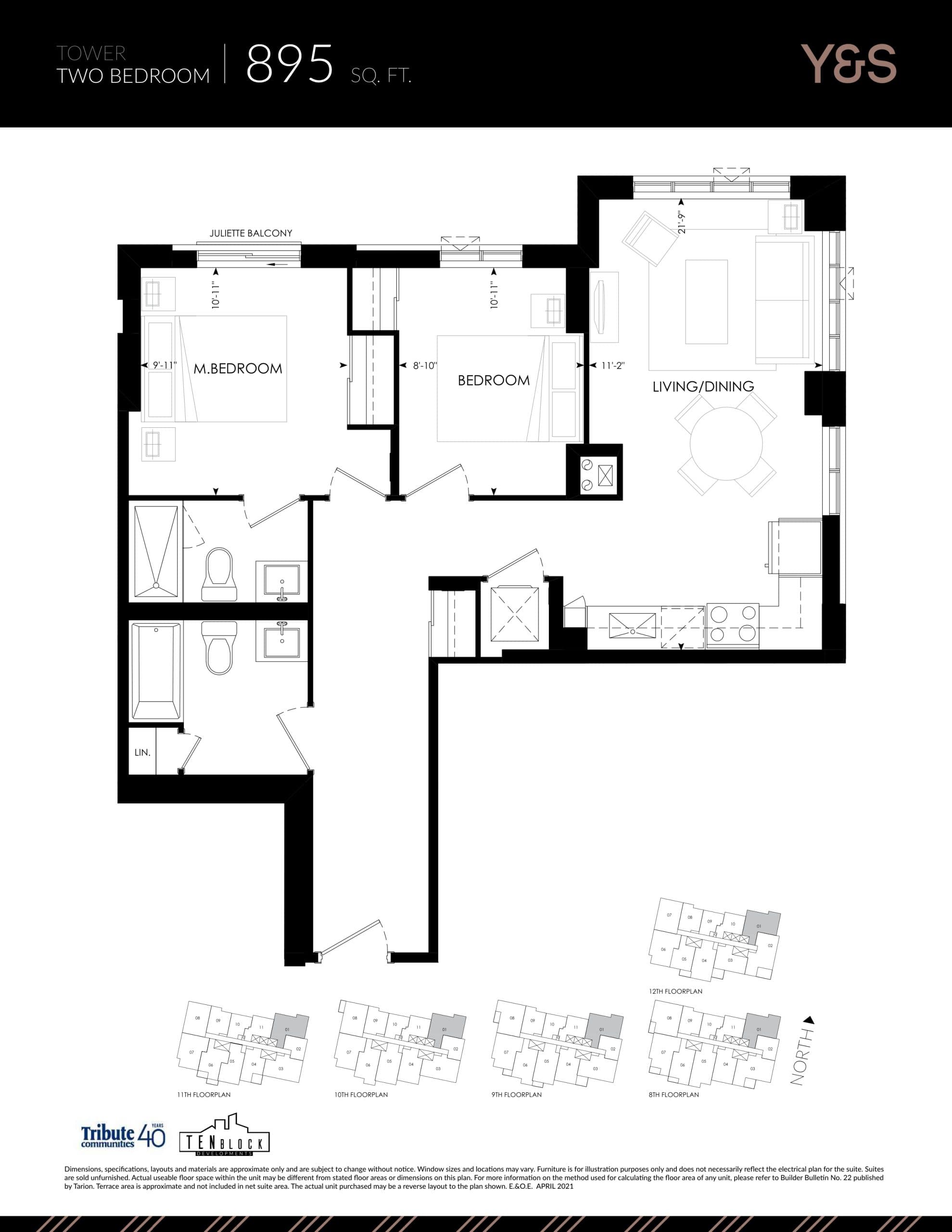 895 sq. ft. - Tower Floor Plan at Y&S Condos - 895 sq.ft