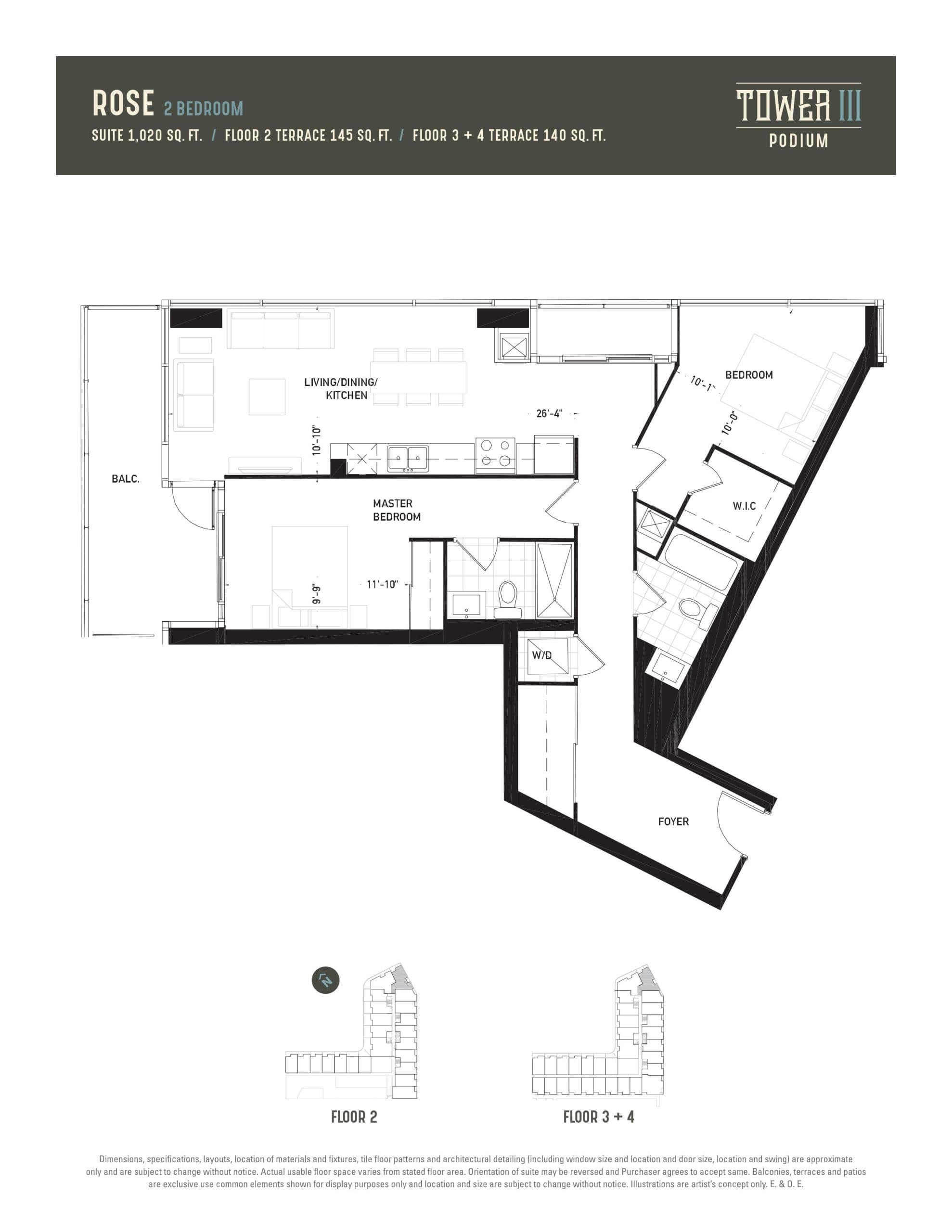 Rose Floor Plan at Oak & Co. 3 Condos - 1020 sq.ft