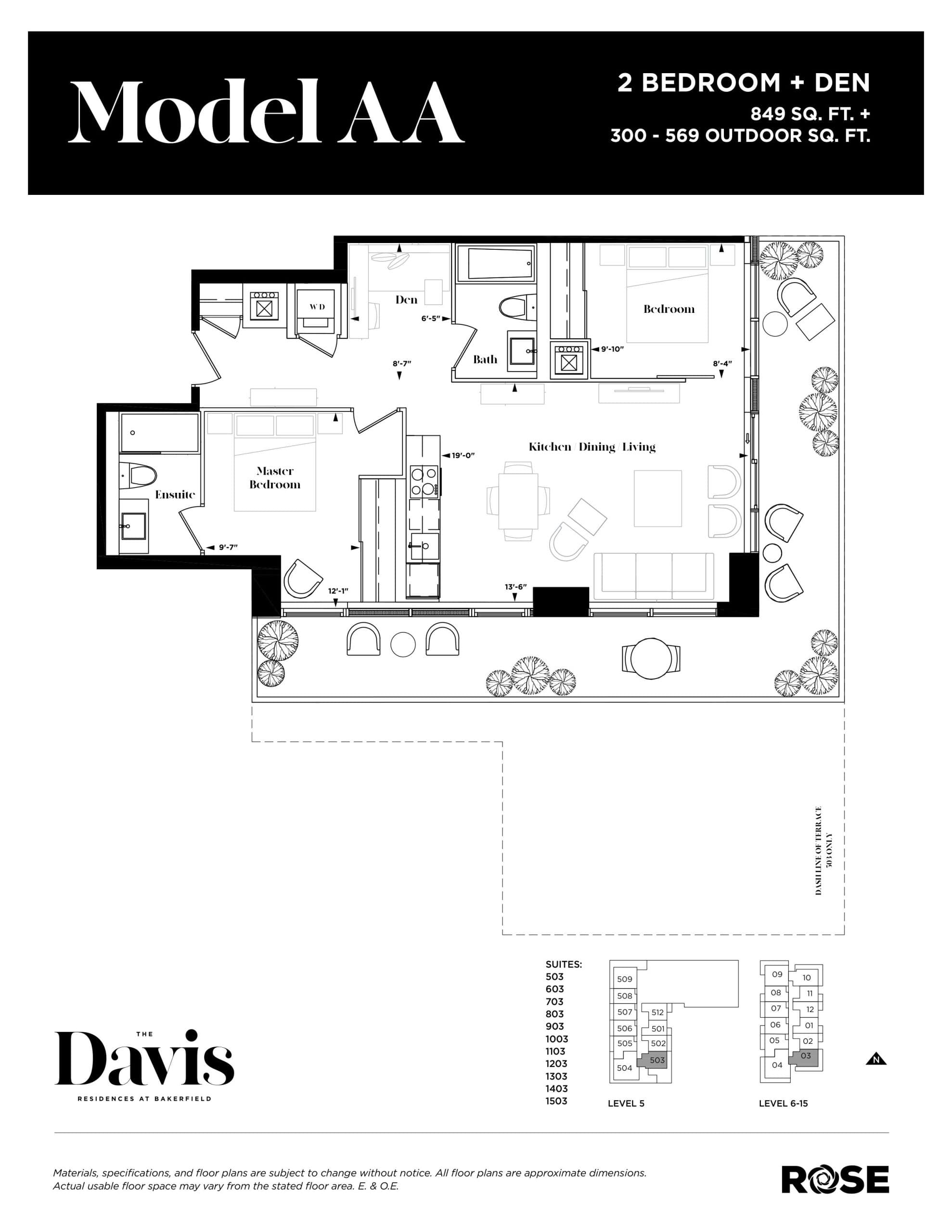 Model AA Floor Plan at The Davis Residences at Bakerfield Condos - 849 sq.ft