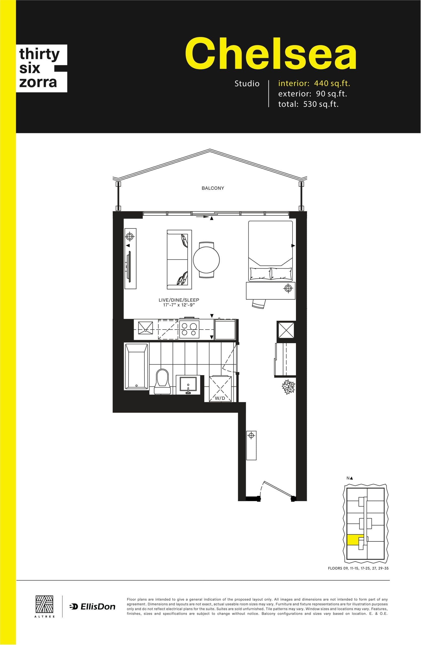 Chelsea Floor Plan at Thirty Six Zorra Condos - 440 sq.ft