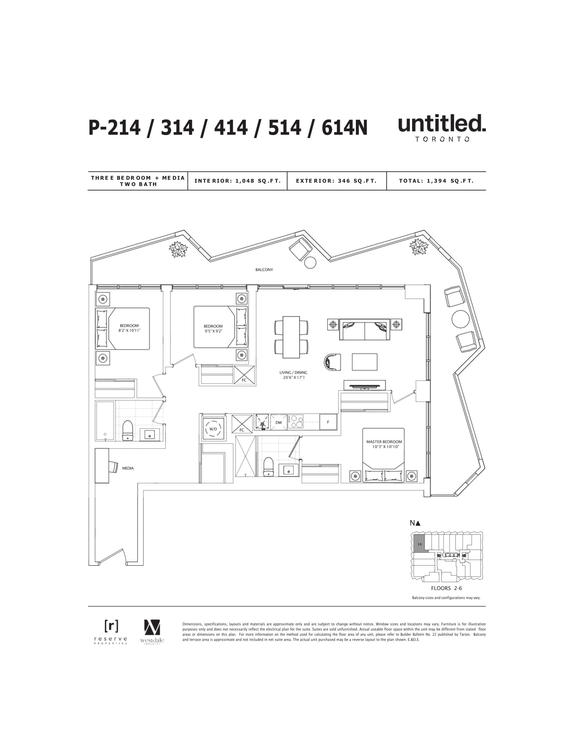 P-214/314/414/514/614N Floor Plan at Untitled North Tower Condos - 1048 sq.ft