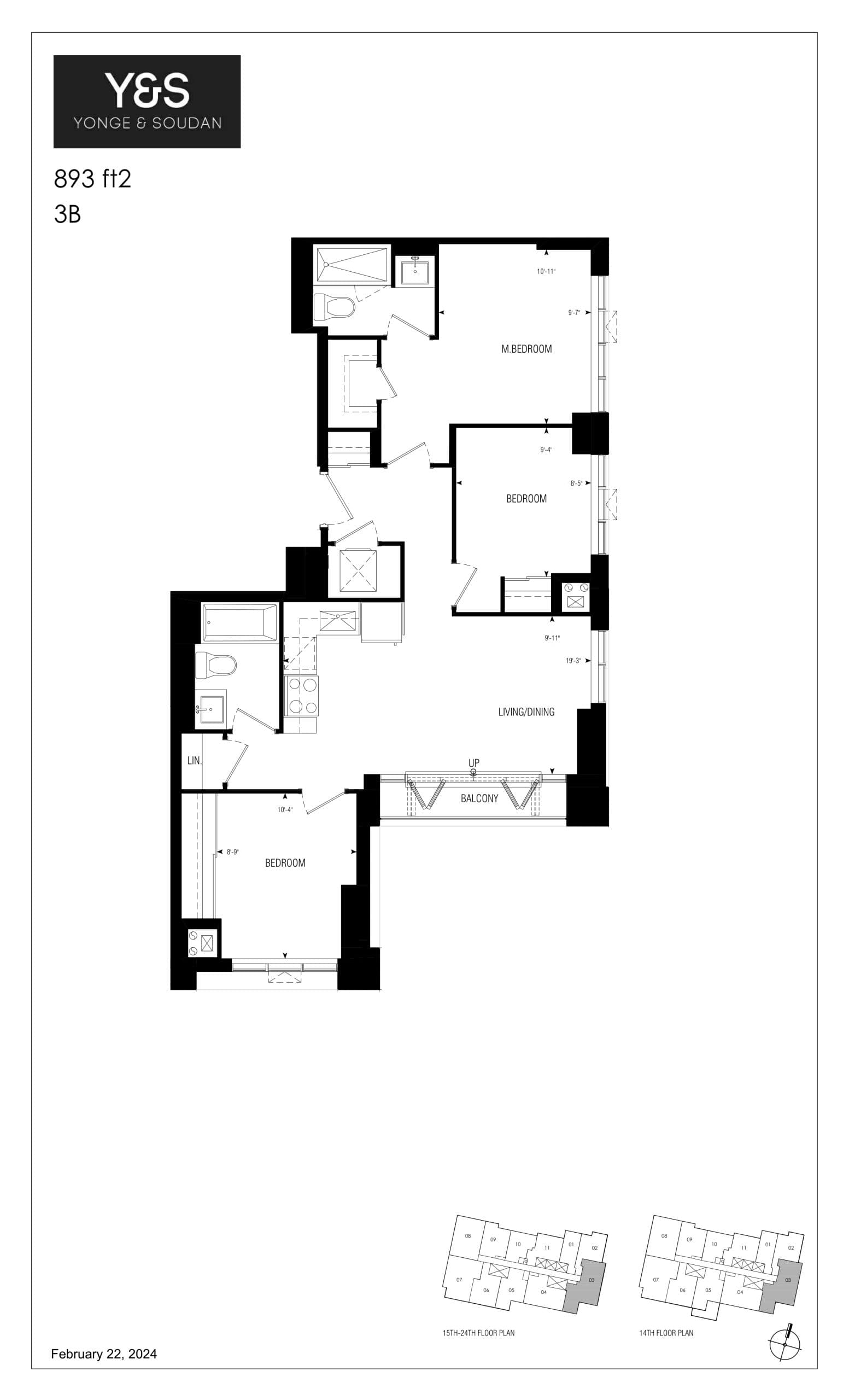 893 sq. ft. - Tower Floor Plan at Y&S Condos - 893 sq.ft