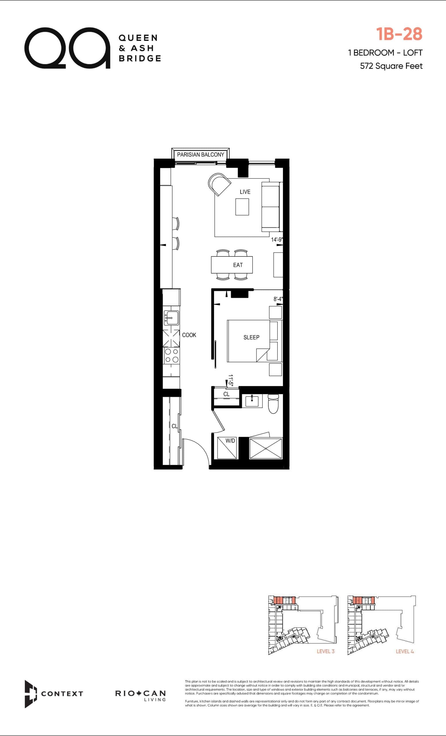1B-28 (Loft Collection) Floor Plan at QA Condos - 572 sq.ft