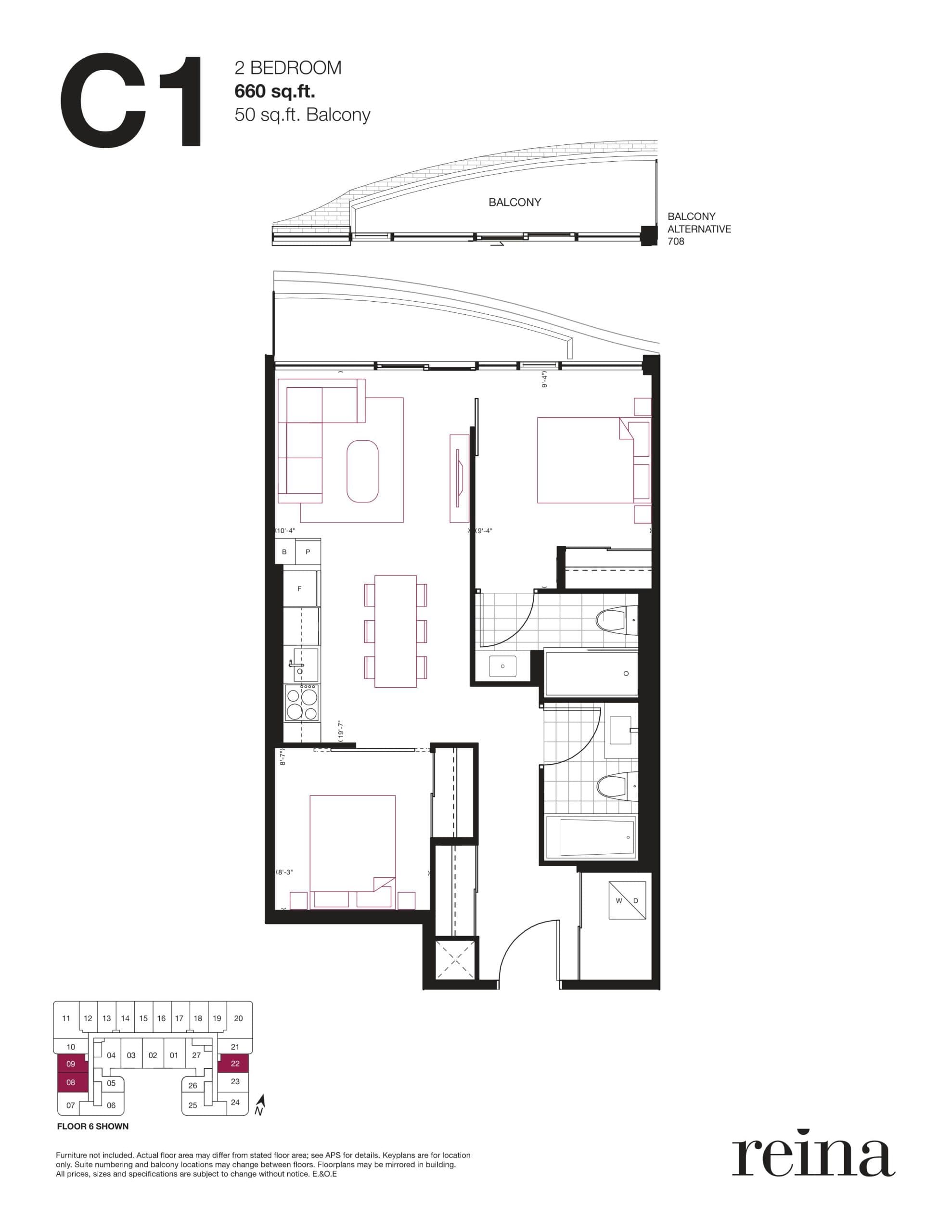 C1 Floor Plan at Reina Condos - 660 sq.ft