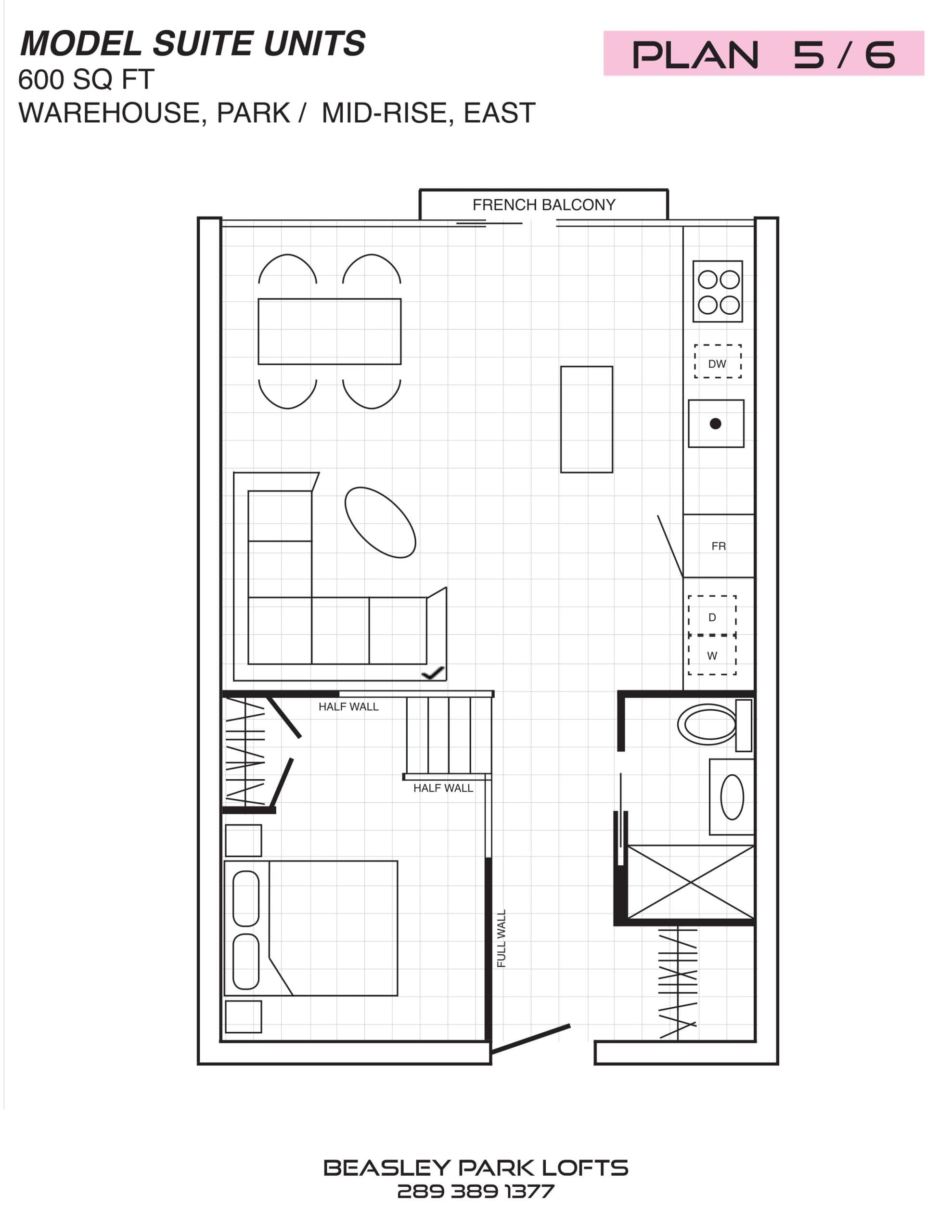 Plan 5/6 Floor Plan at Beasley Park Lofts - 600 sq.ft