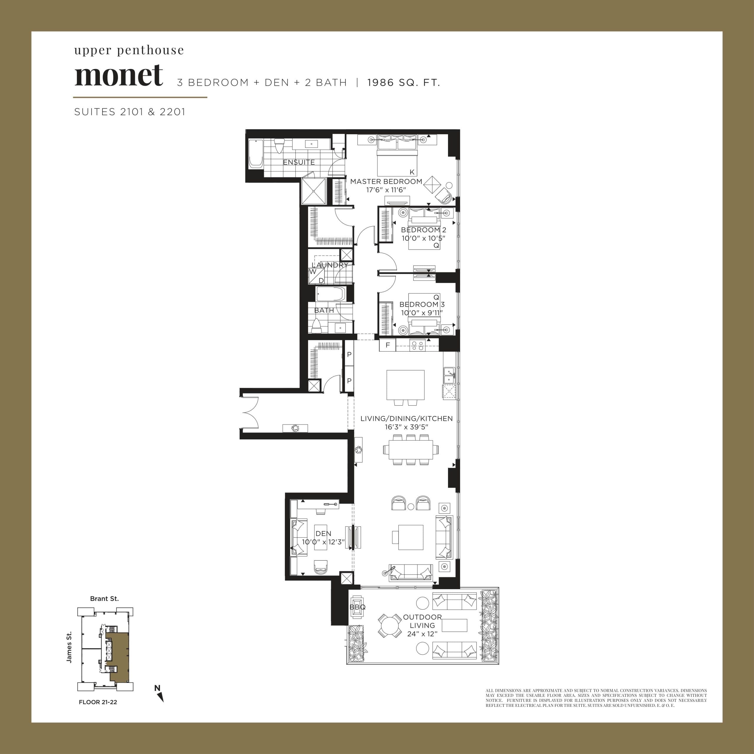 Monet (Upper Penthouse) Floor Plan at Gallery Condos and Lofts - 1986 sq.ft
