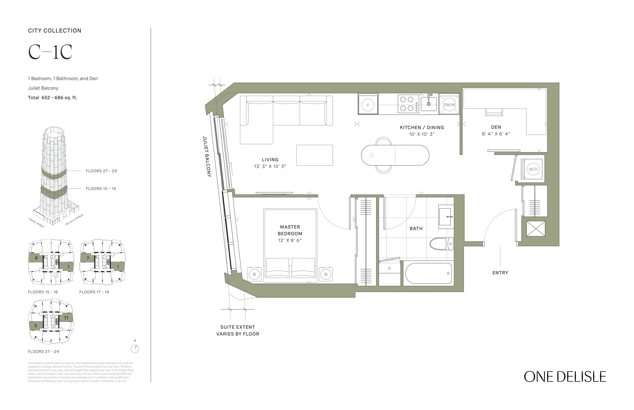 C-1C Floor Plan at One Delisle Condos - 686 sq.ft
