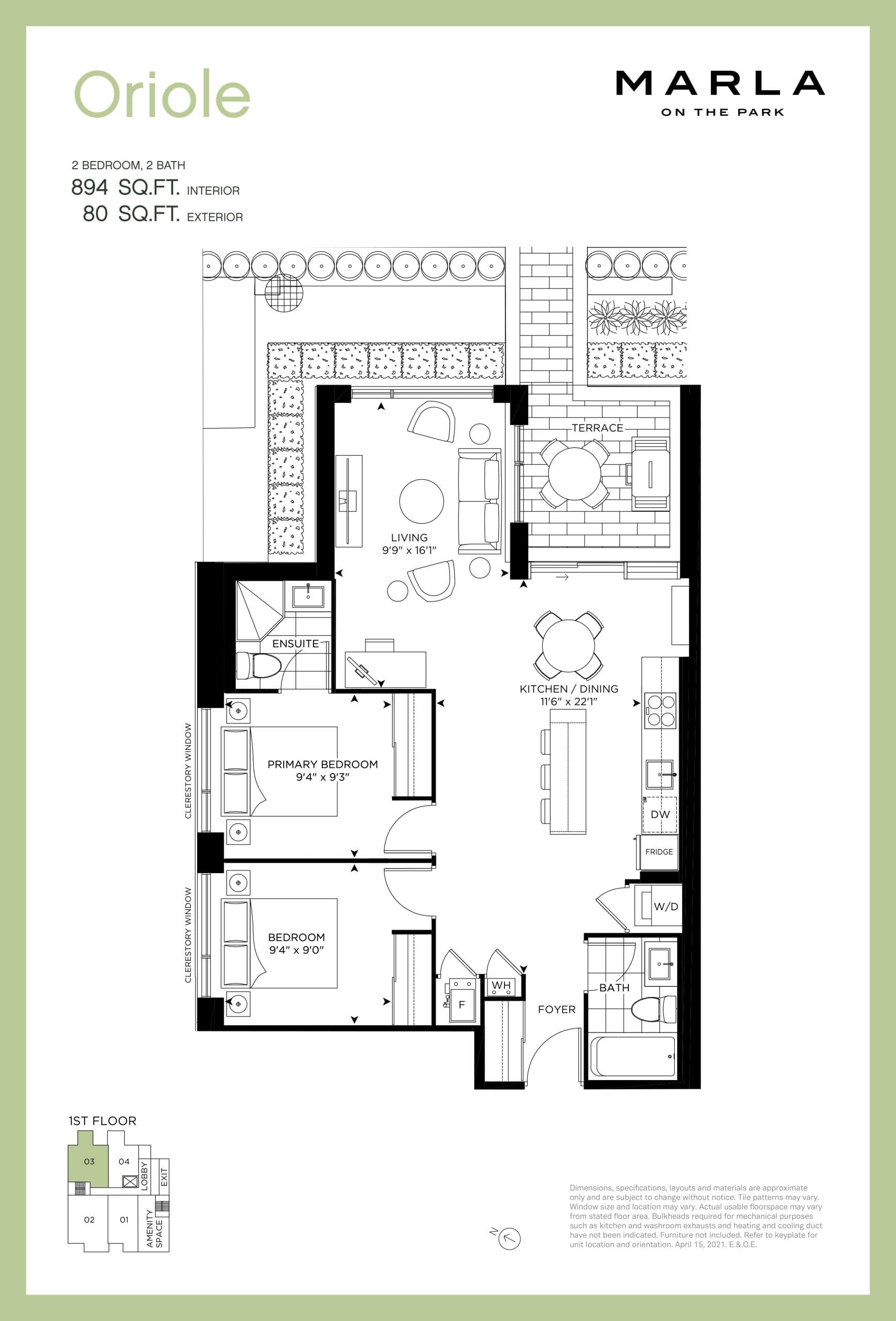 Oriole Floor Plan at Marla On The Park Condos - 894 sq.ft
