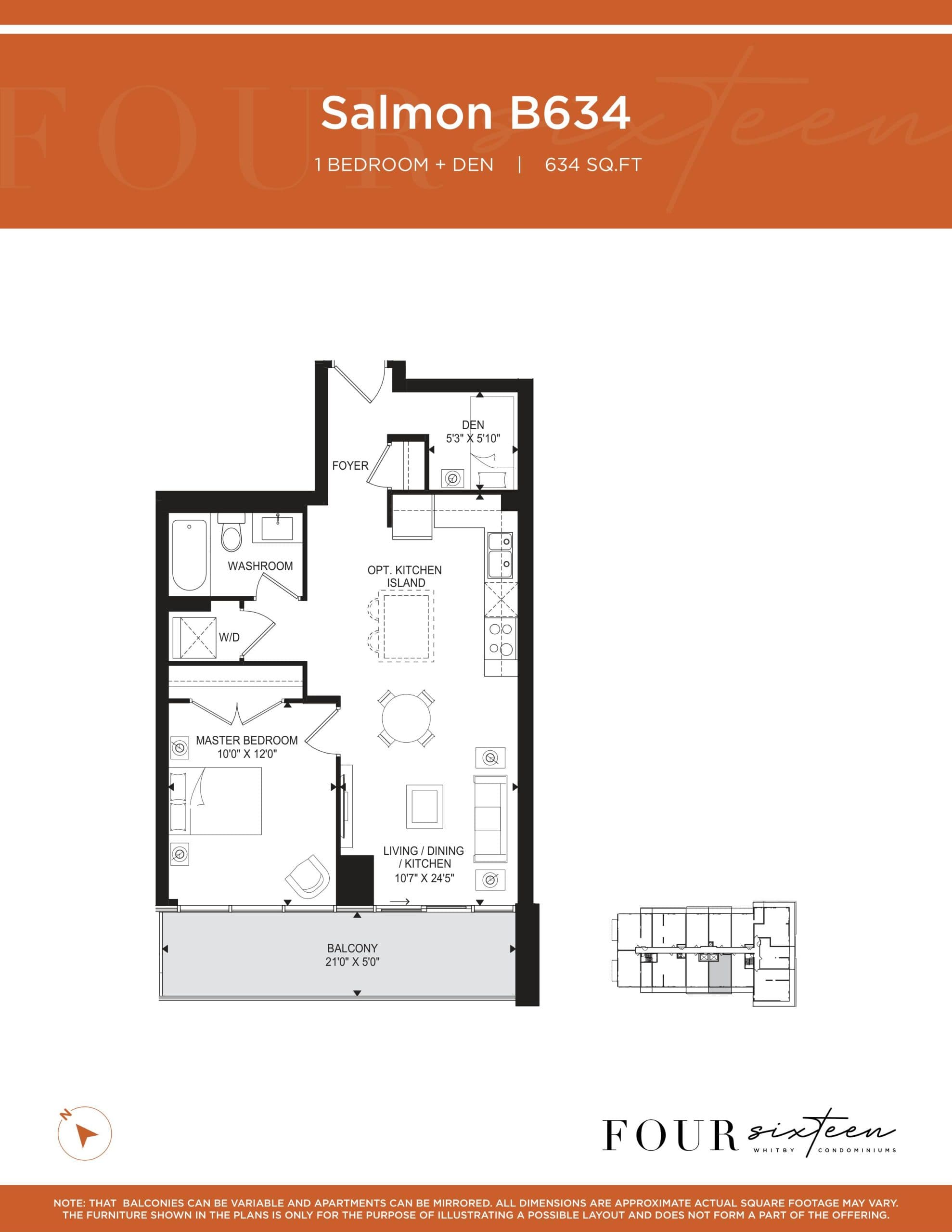 Salmon B634 Floor Plan at Four Sixteen Whitby Condos - 634 sq.ft