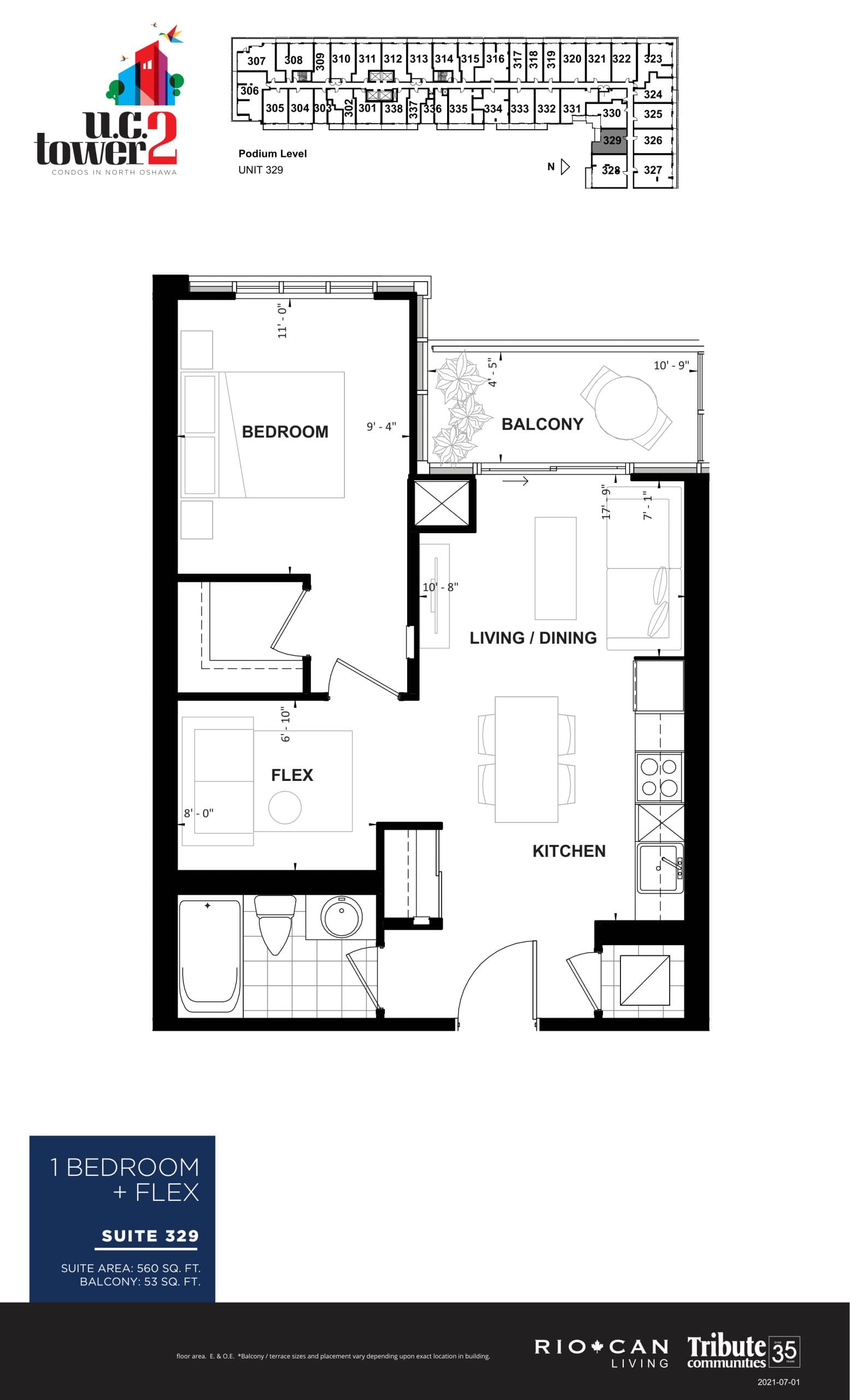 Suite 329 Floor Plan at U.C. Tower 2 Condos - 560 sq.ft