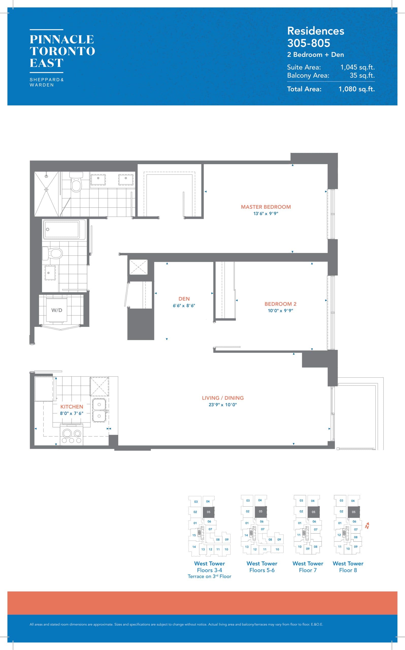 Residences 305-805 - West Tower Floor Plan at Pinnacle Toronto East Condos - 1045 sq.ft