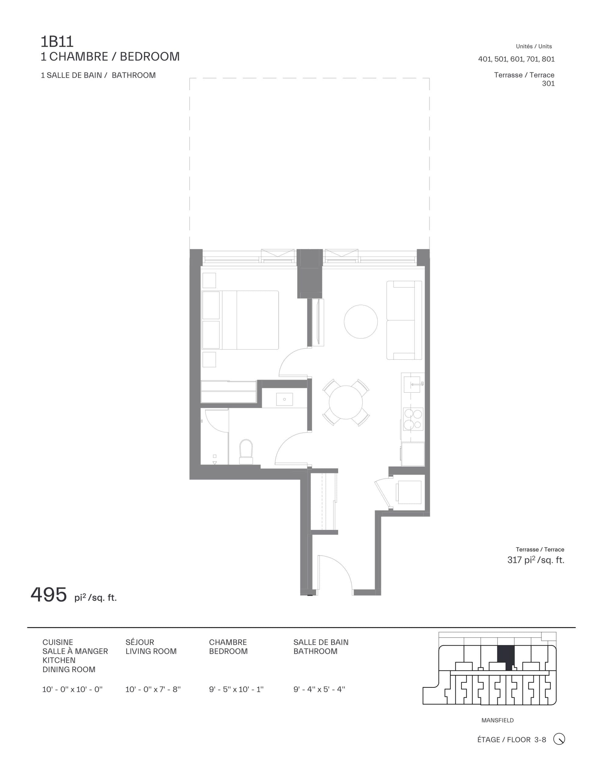 1B11 Floor Plan at Mansfield Condos - 495 sq.ft