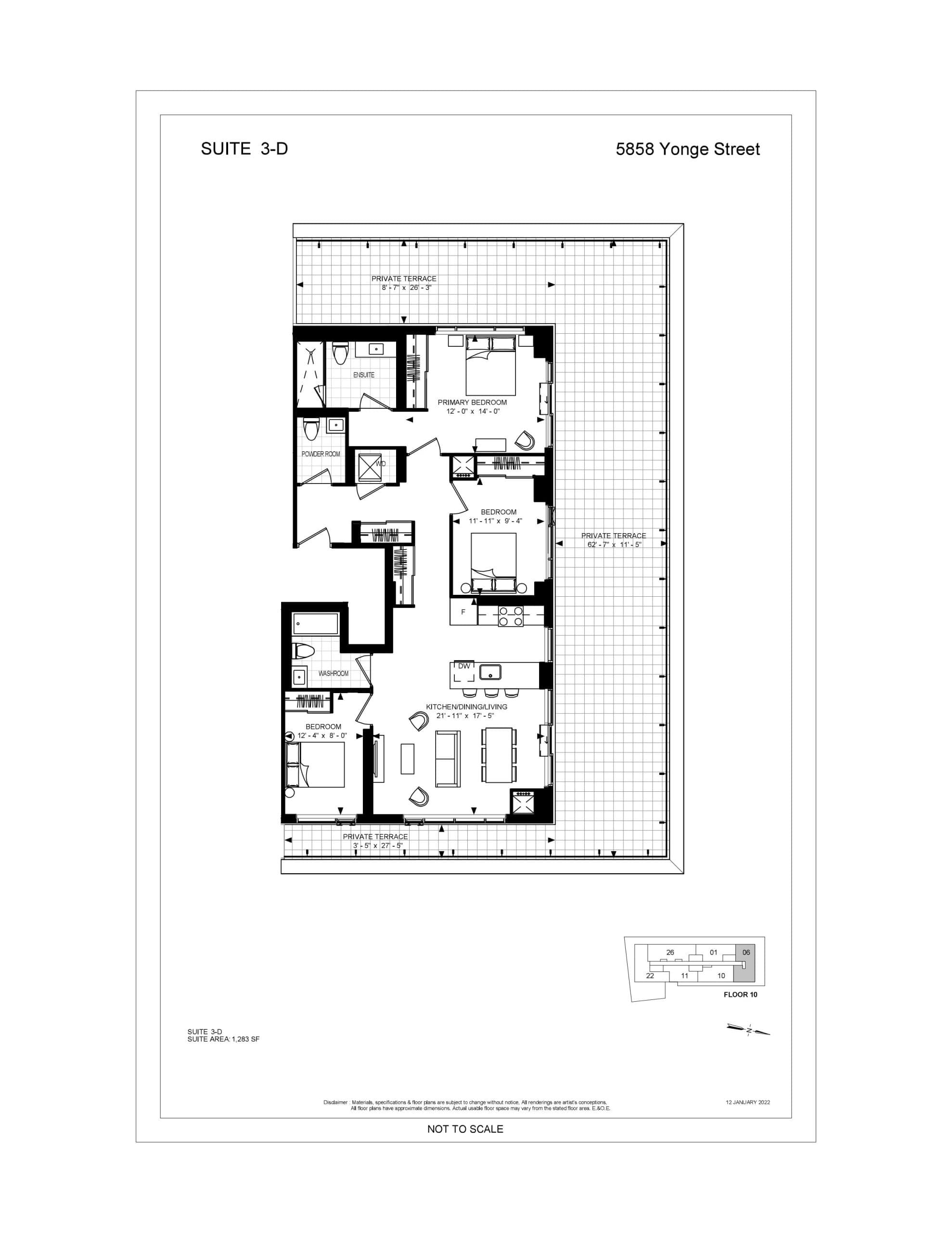 Suite 3-D Floor Plan at Plaza on Yonge Condos - 1283 sq.ft