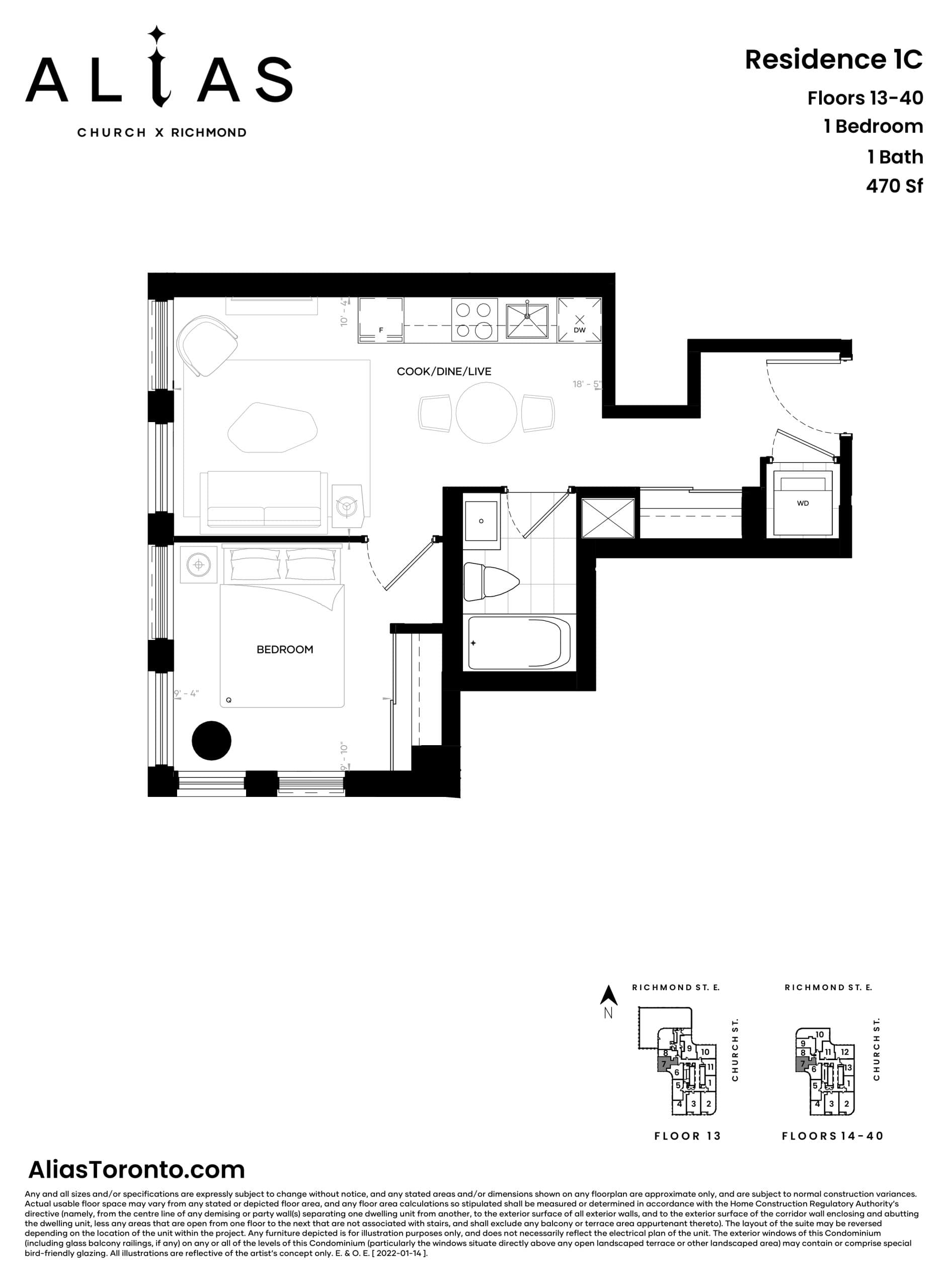 Residence 1C Floor Plan at Alias Condos - 470 sq.ft