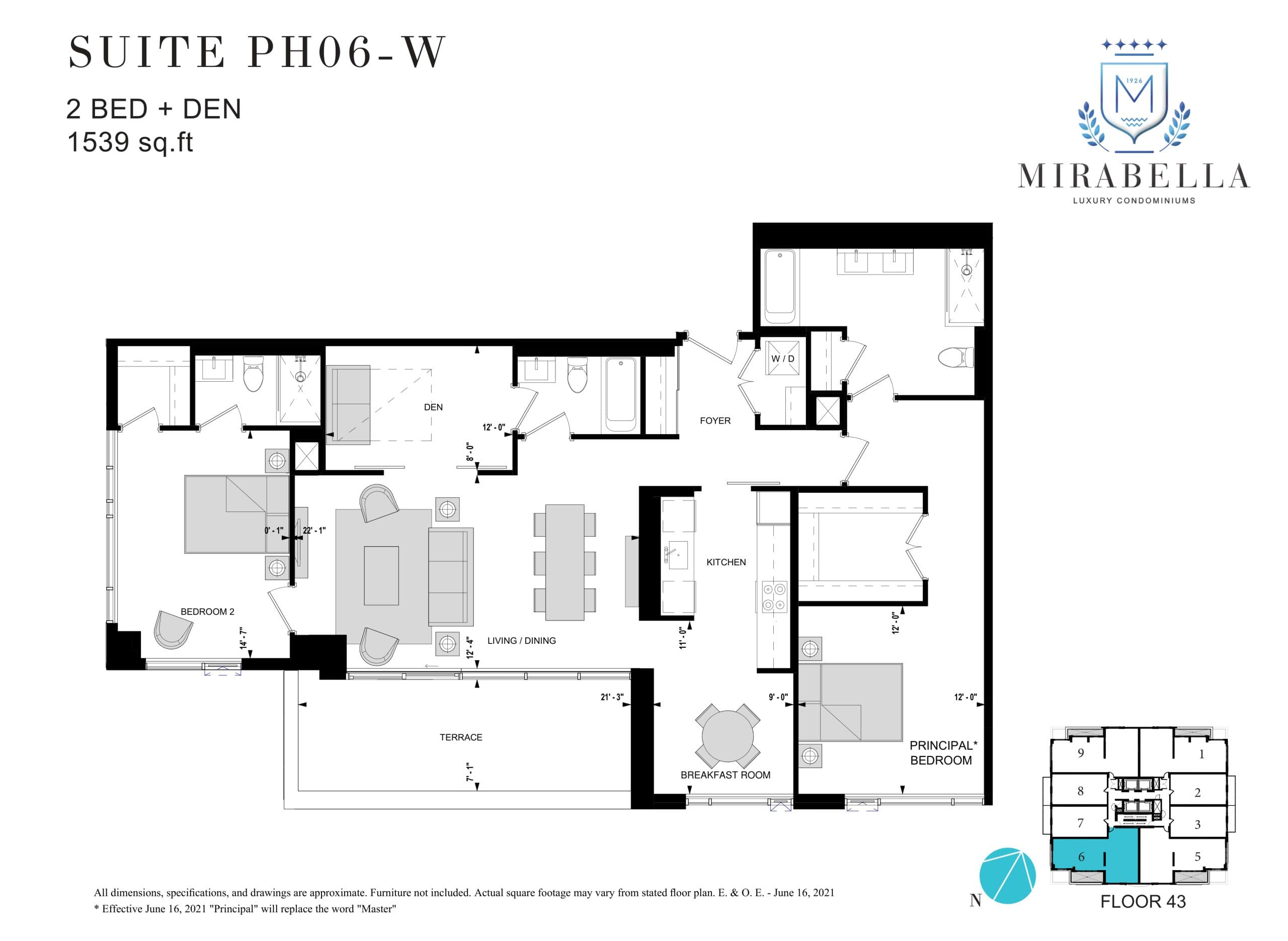 Suite PH06-W Floor Plan at Mirabella Luxury Condos West Tower - 1539 sq.ft