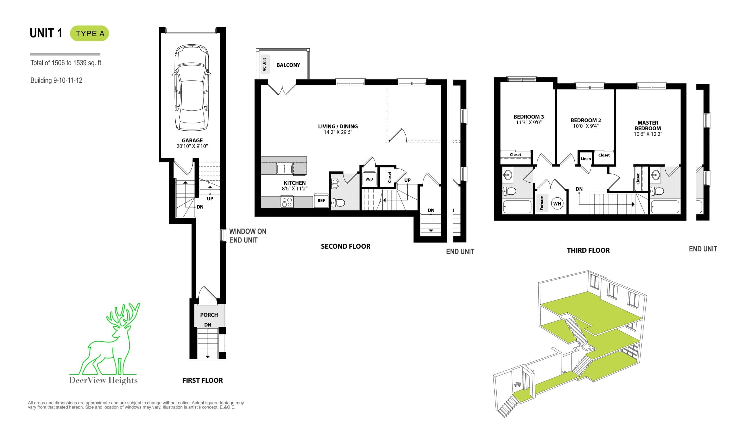 Unit 1 Type A Floor Plan at DeerView Heights Towns - 1506 sq.ft