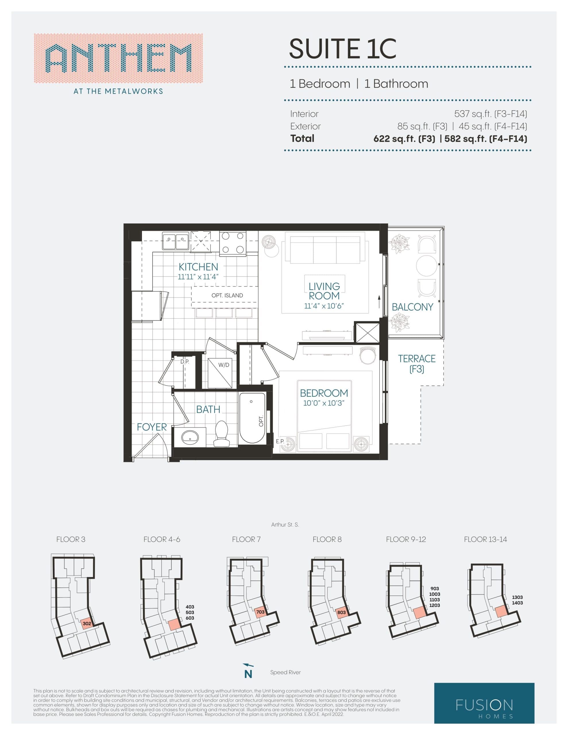 Suite 1C Floor Plan at Anthem at The Metalworks Condos - 537 sq.ft