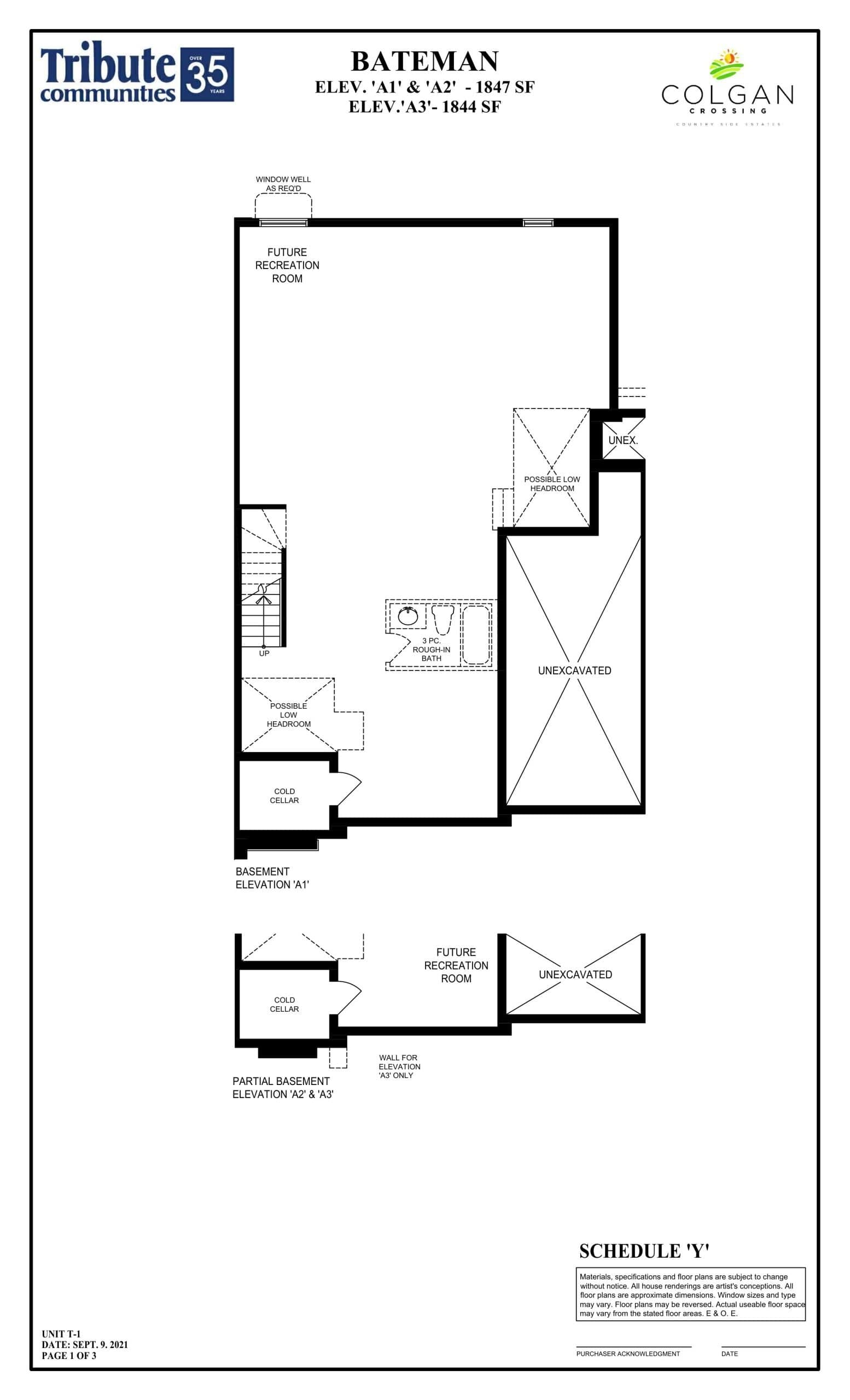 Bateman Elevation A - Basement Floor Plan at Colgan Crossing Homes - 1844 sq.ft