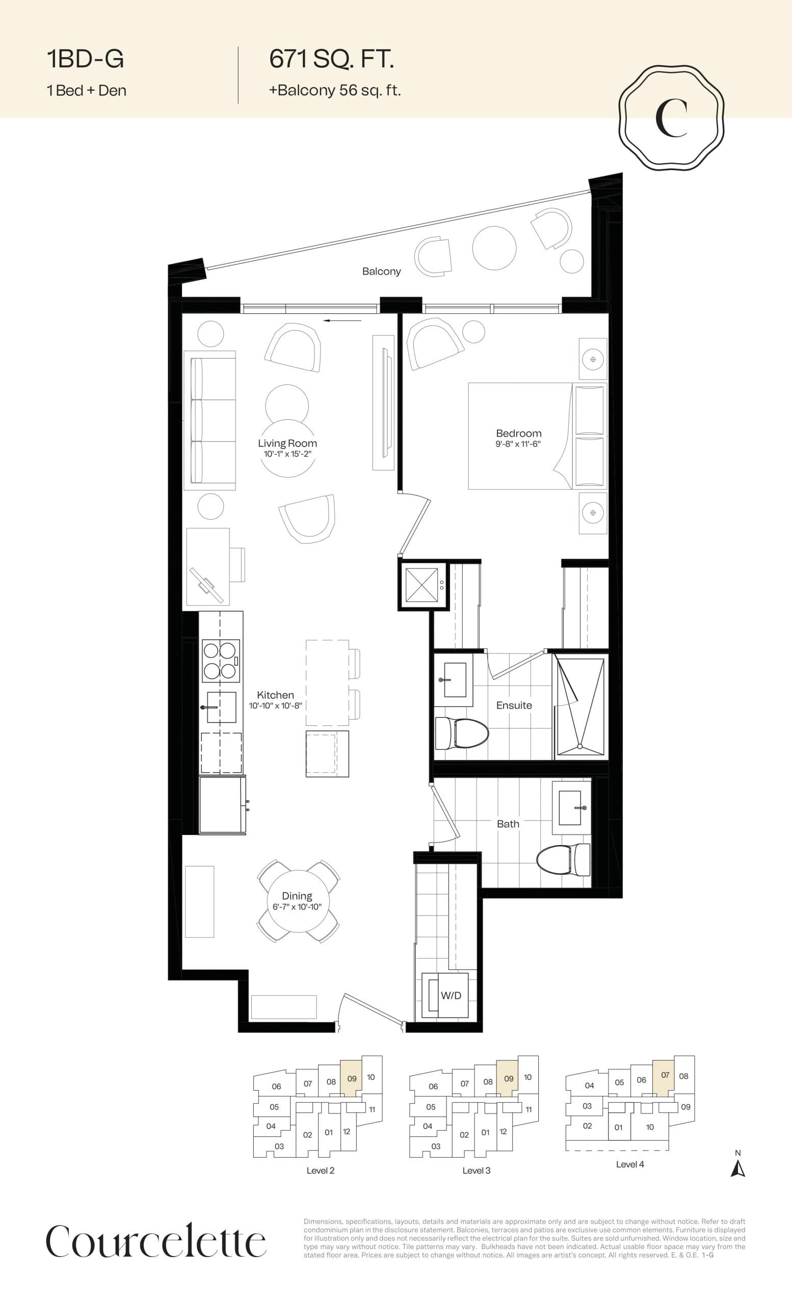 1BD-G Floor Plan at Courcelette Condo - 671 sq.ft
