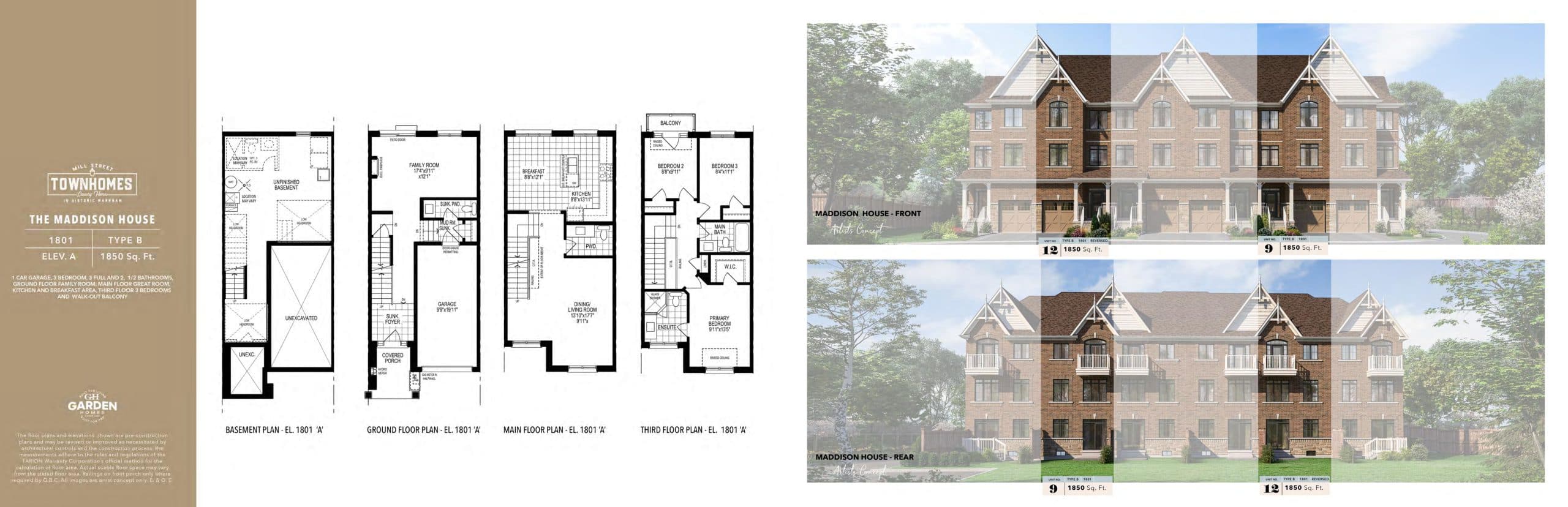 The Maddison House (Elev A) 1801 Floor Plan at Mill Street Towns - 1850 sq.ft