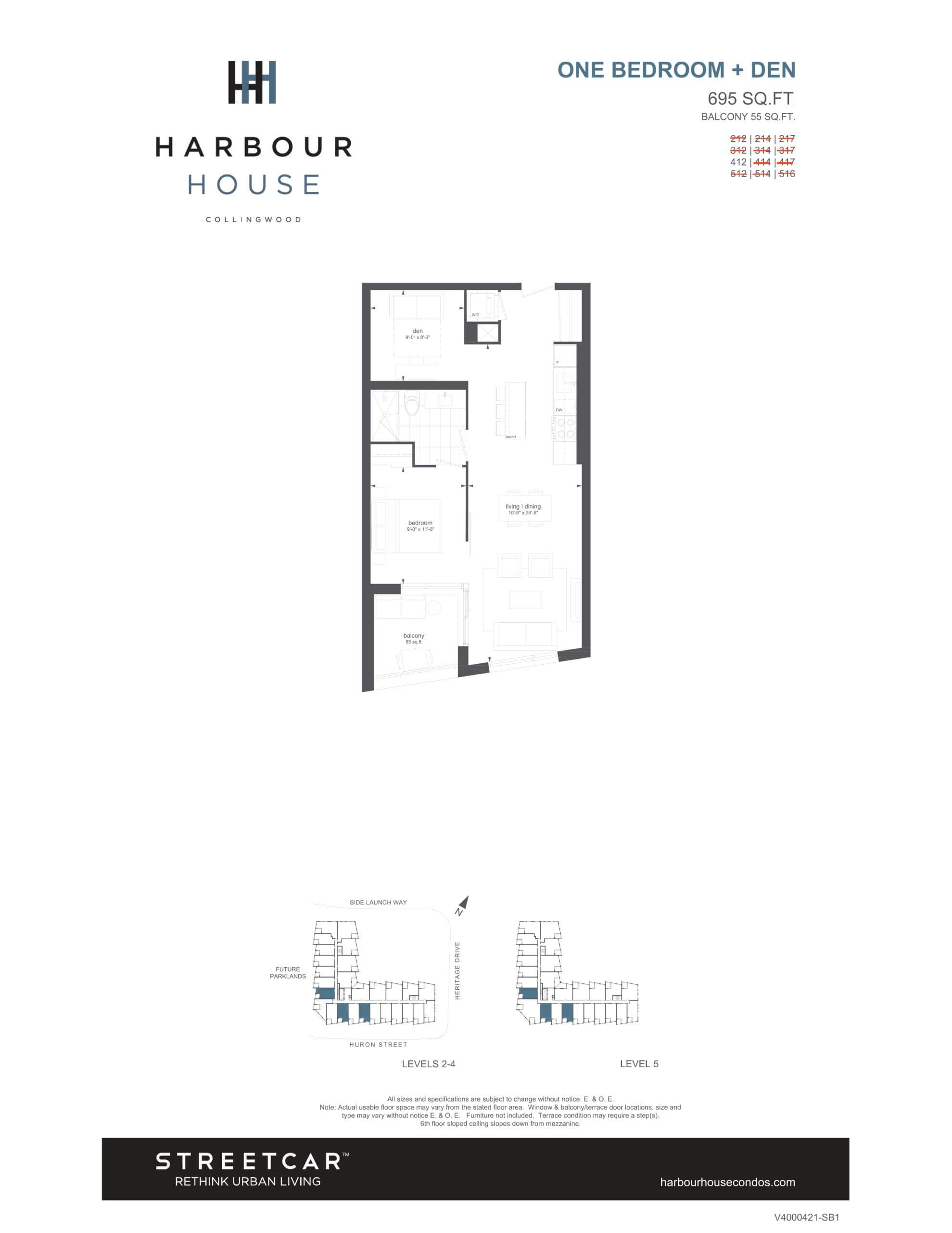 412 Floor Plan at Harbour House Condos - 695 sq.ft