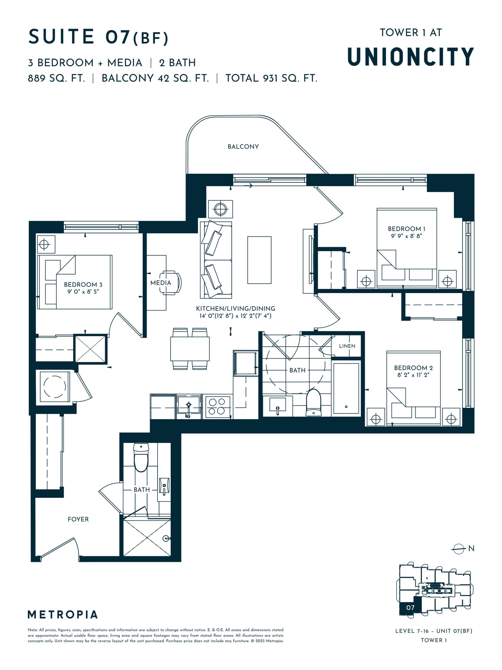 Suite 07 (BF) Floor Plan at UnionCity Condos - 889 sq.ft