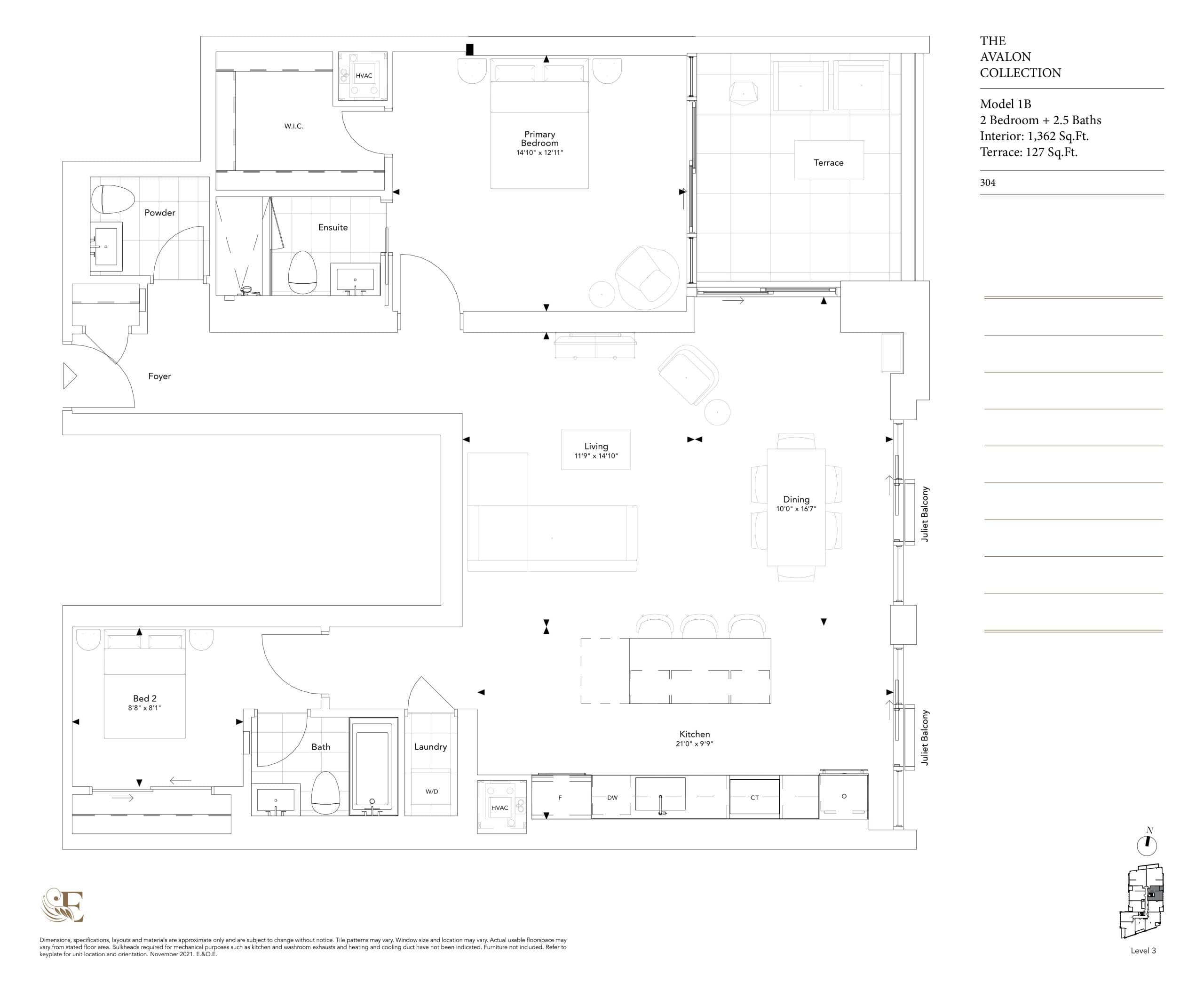 Model 1B (The Avalon Collection) Floor Plan at Elegance Luxury Residences - 1362 sq.ft