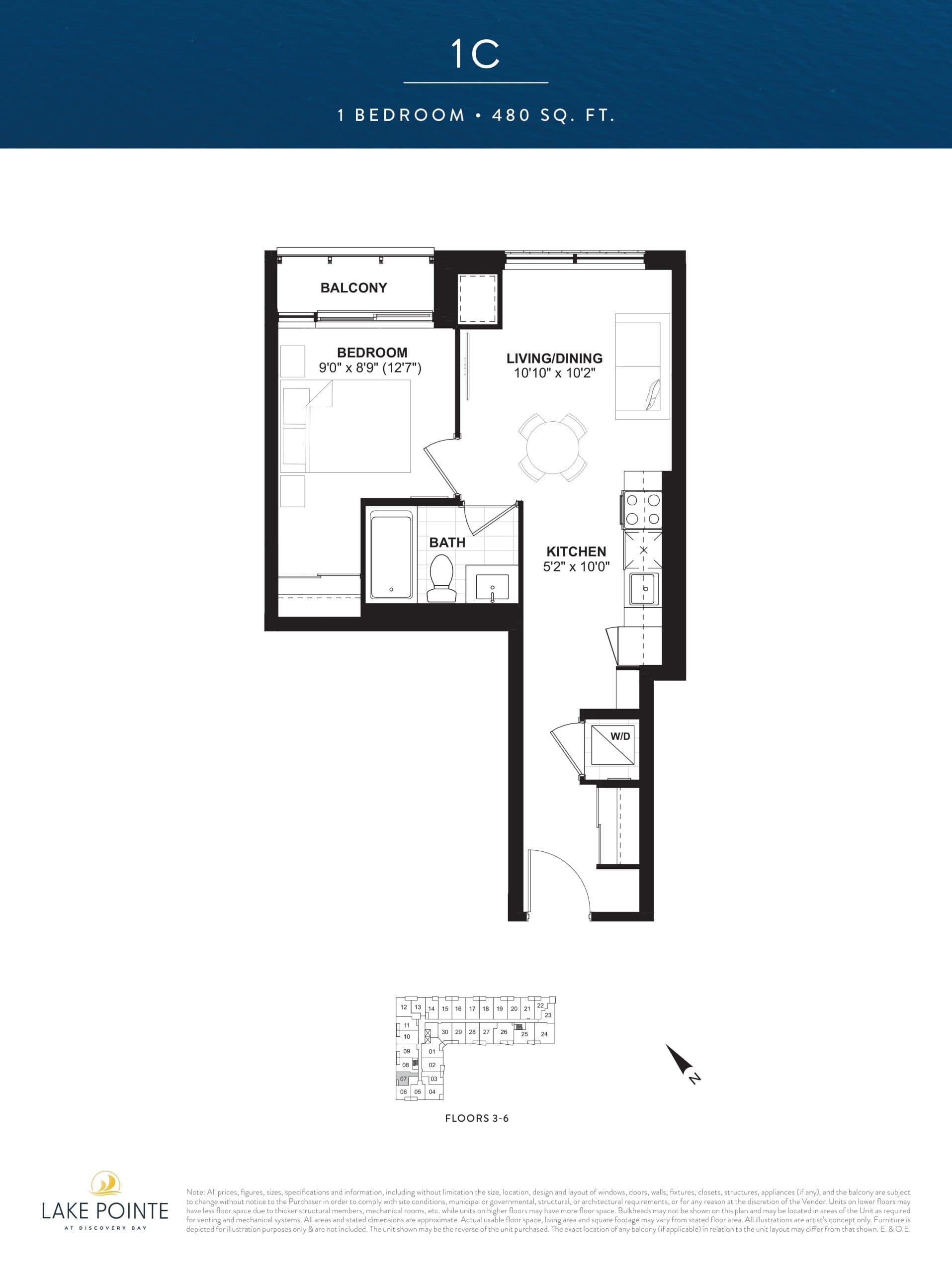 1C Floor Plan at Lake Pointe Condos - 480 sq.ft