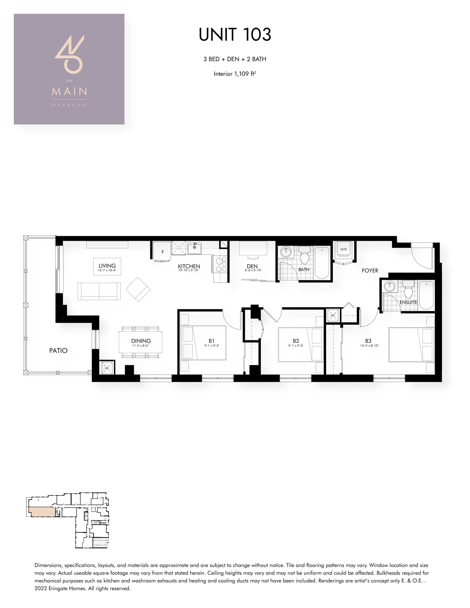 Unit 103 Floor Plan at 46 On Main Condos - 1109 sq.ft