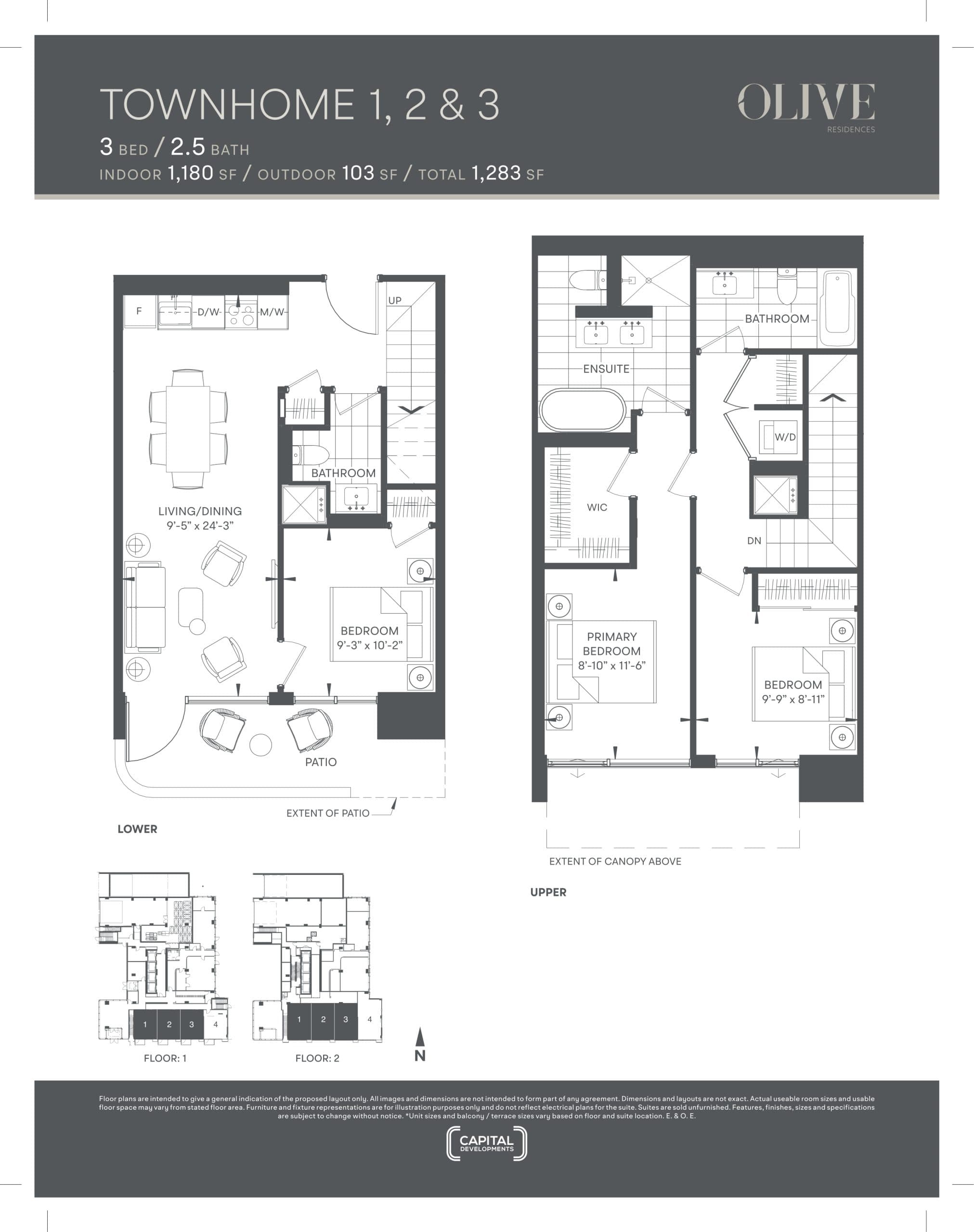 Townhome 1, 2 & 3 Floor Plan at Olive Residences Condos - 1180 sq.ft