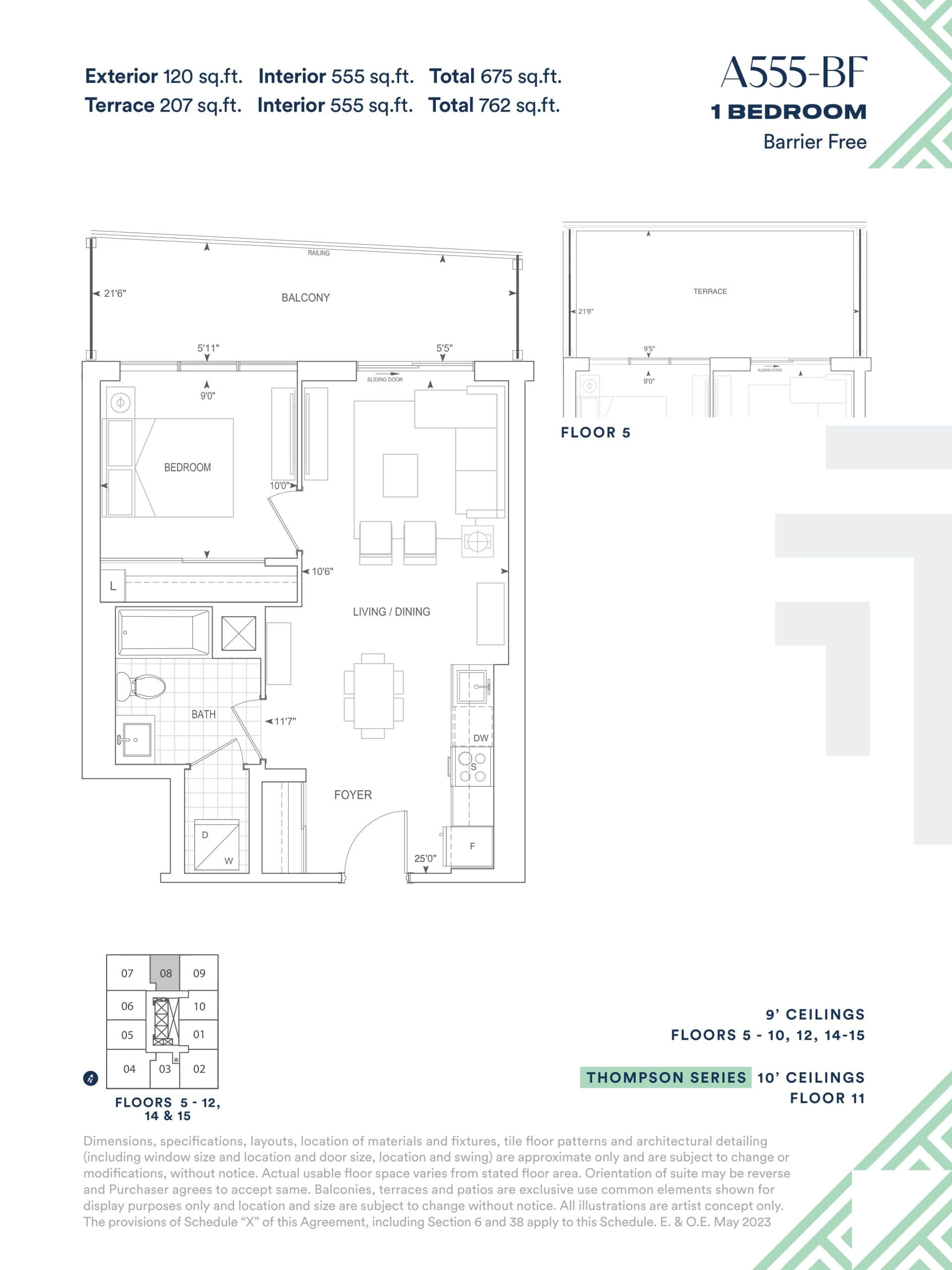 A555-BF Floor Plan at Thompson Towers - Spring Condos - 555 sq.ft
