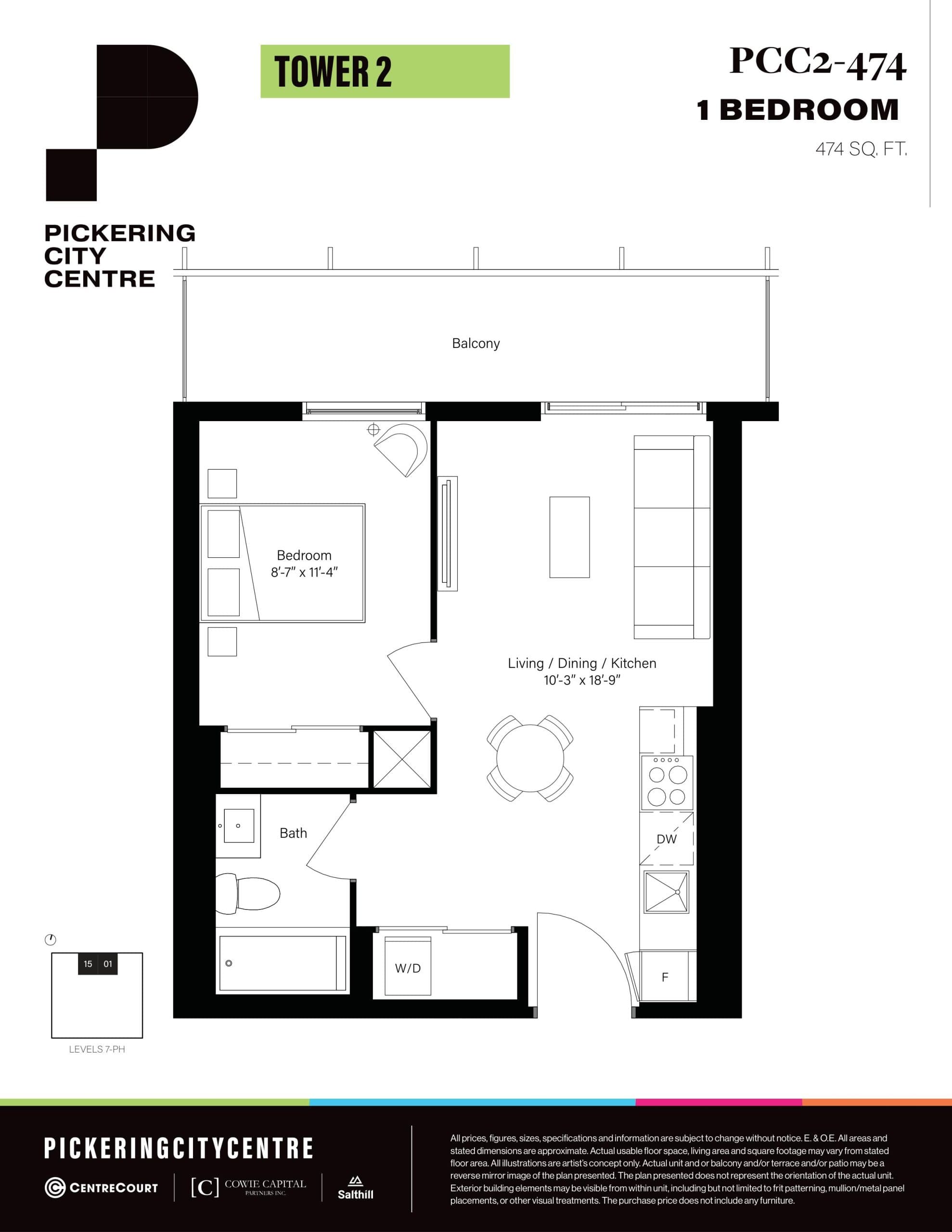 PCC2-474 Floor Plan at Pickering City Centre Tower 2 Condos - 474 sq.ft