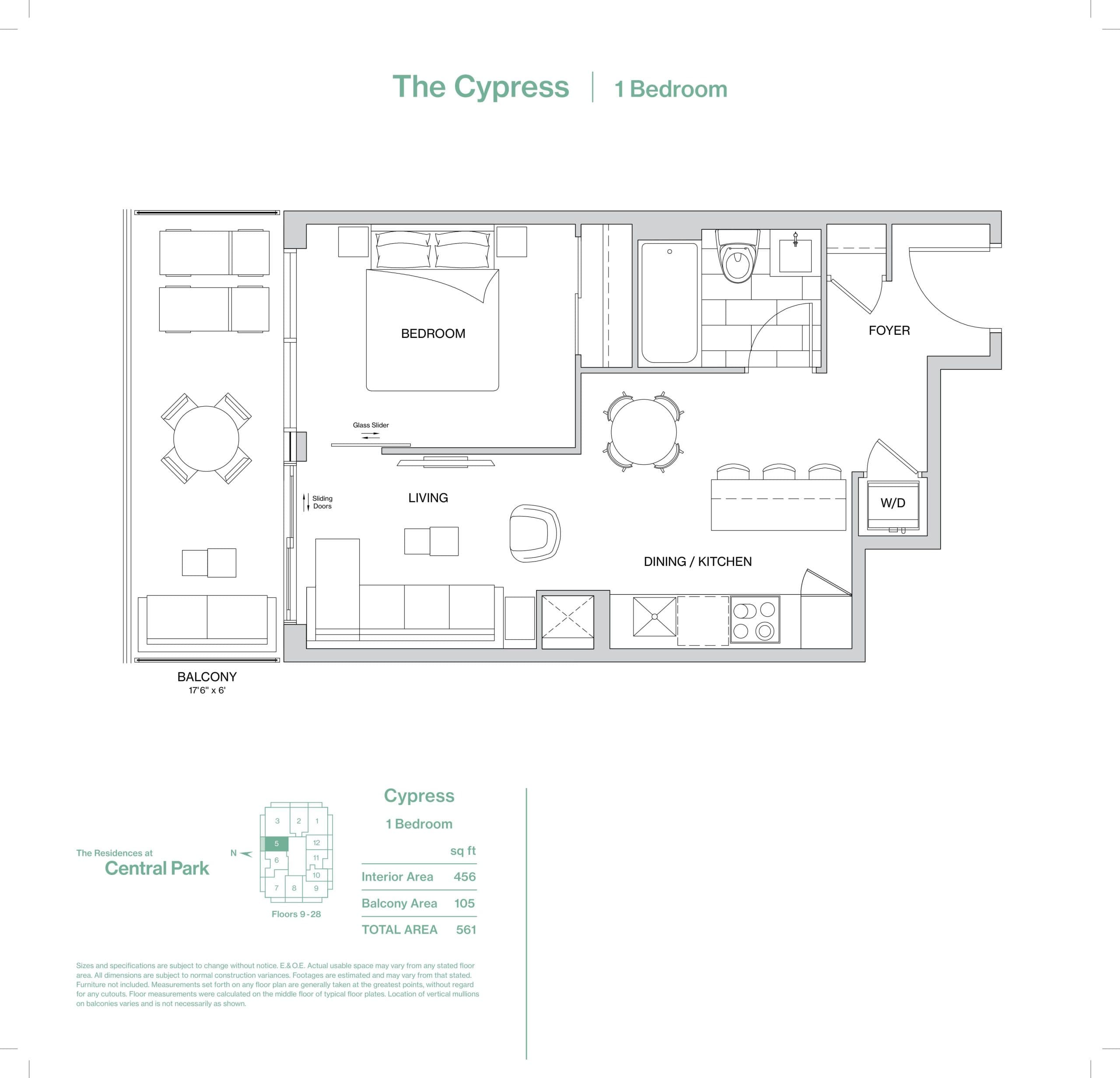 The Cypress Floor Plan at The Residences at Central Park Phase 2 - 456 sq.ft