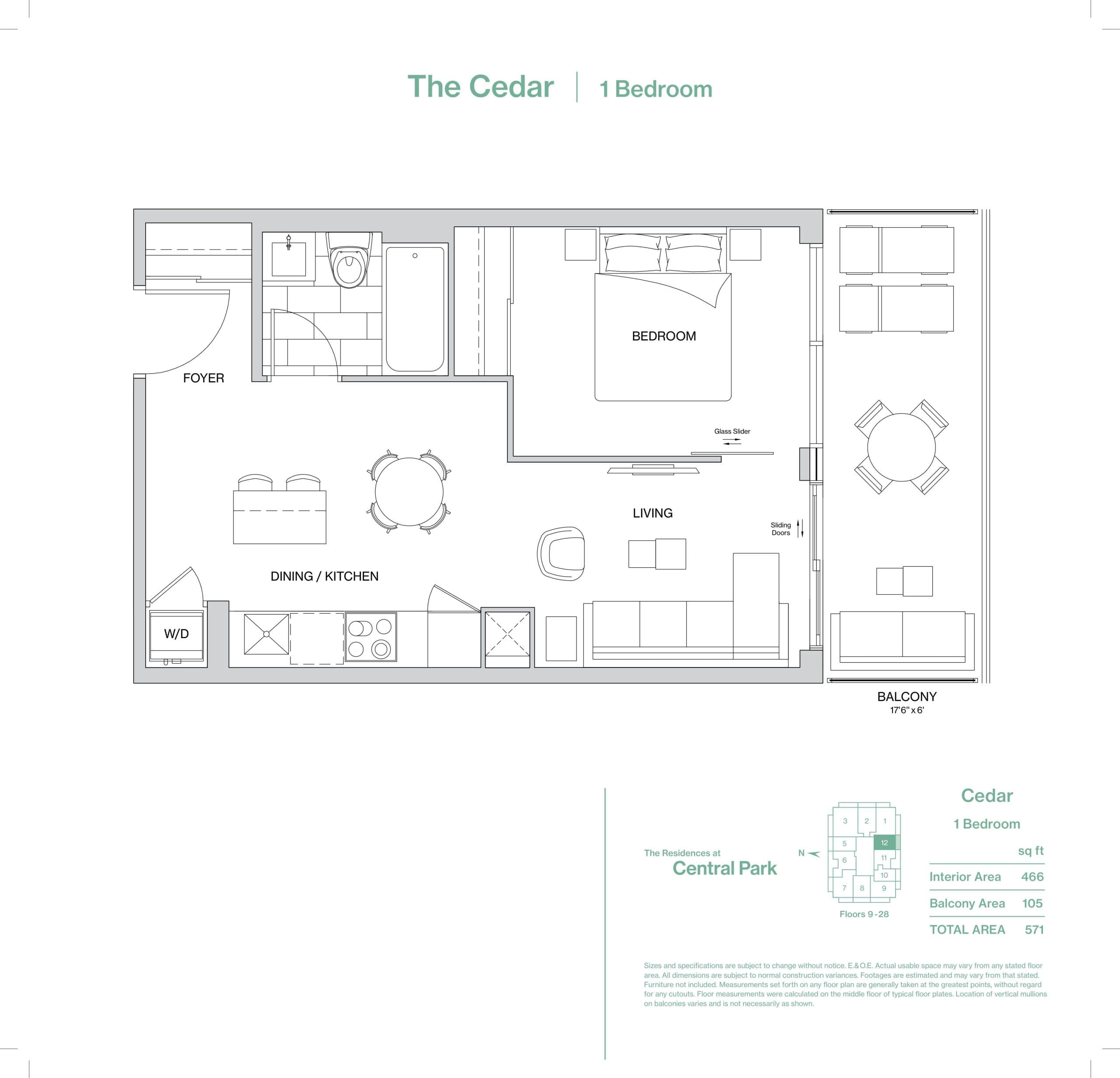 The Cedar Floor Plan at The Residences at Central Park Phase 2 - 466 sq.ft