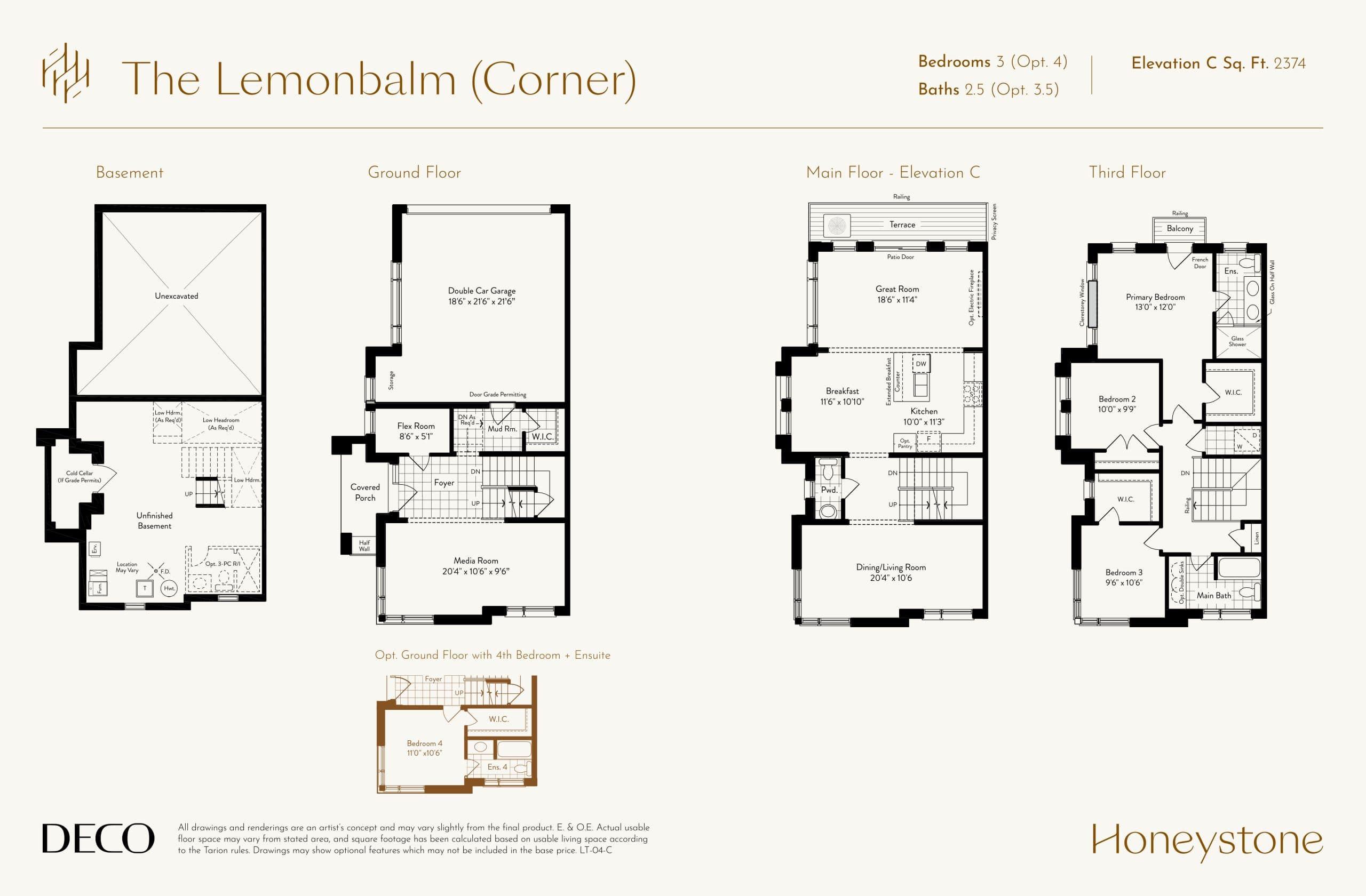 The Lemonbalm (Corner) Floor Plan at Honeystone Towns - 2374 sq.ft