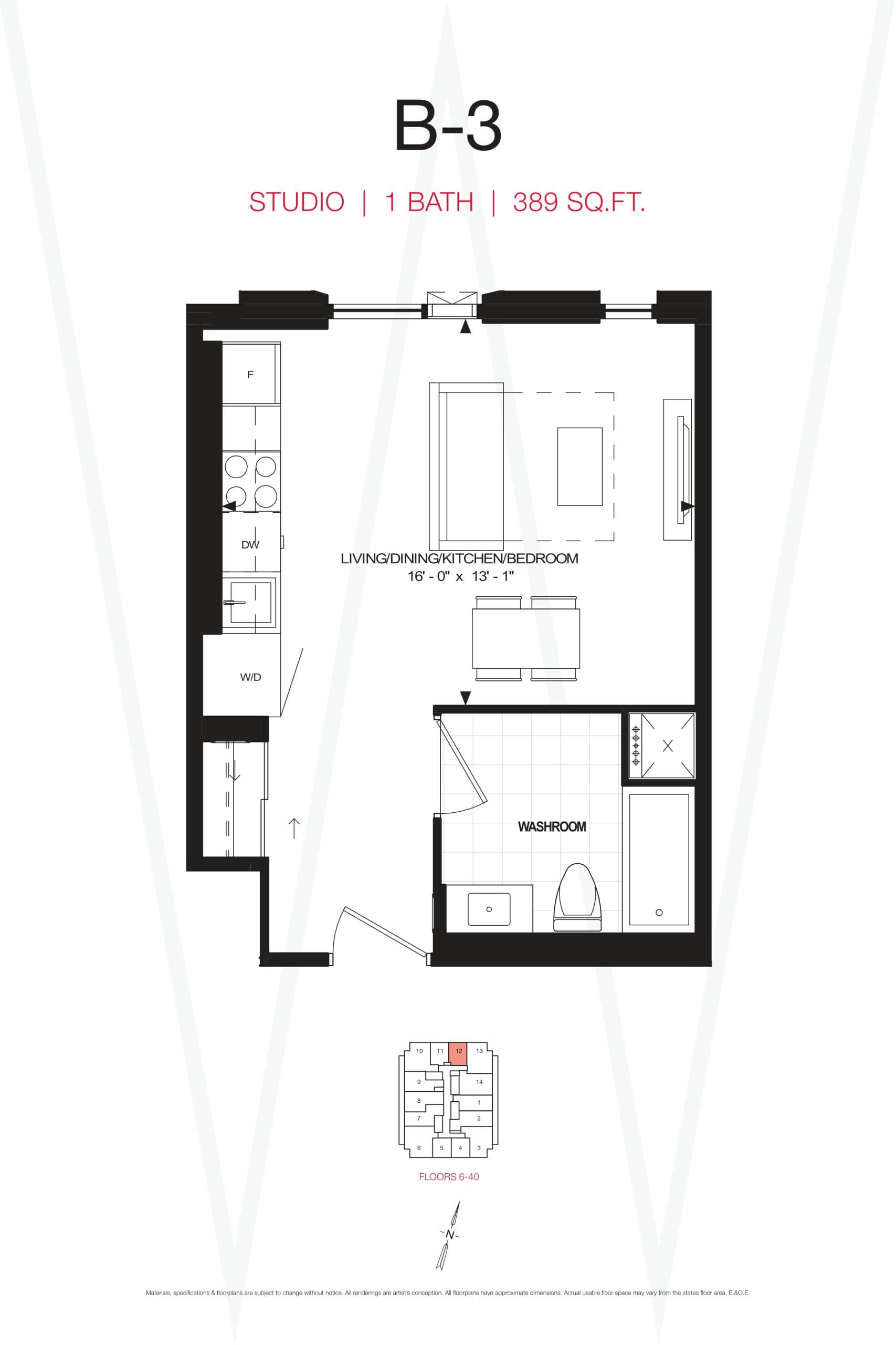 B-3 Floor Plan at Yonge at Wellesley Station Condos - 389 sq.ft
