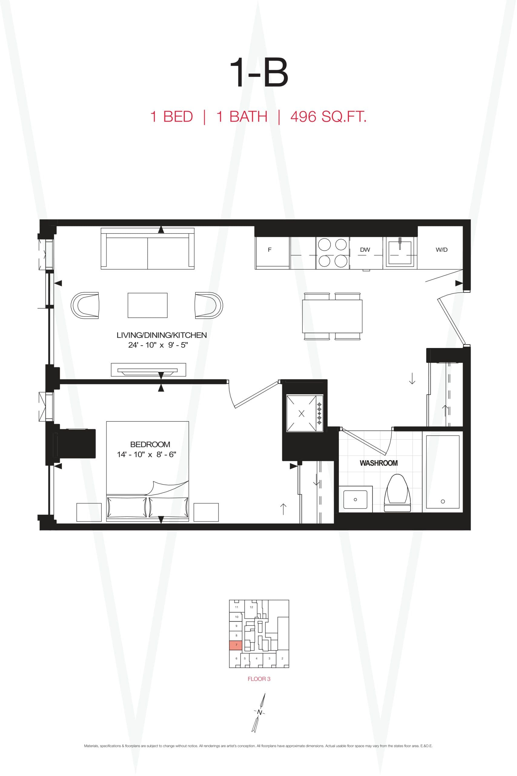1-B Floor Plan at Yonge at Wellesley Station Condos - 496 sq.ft