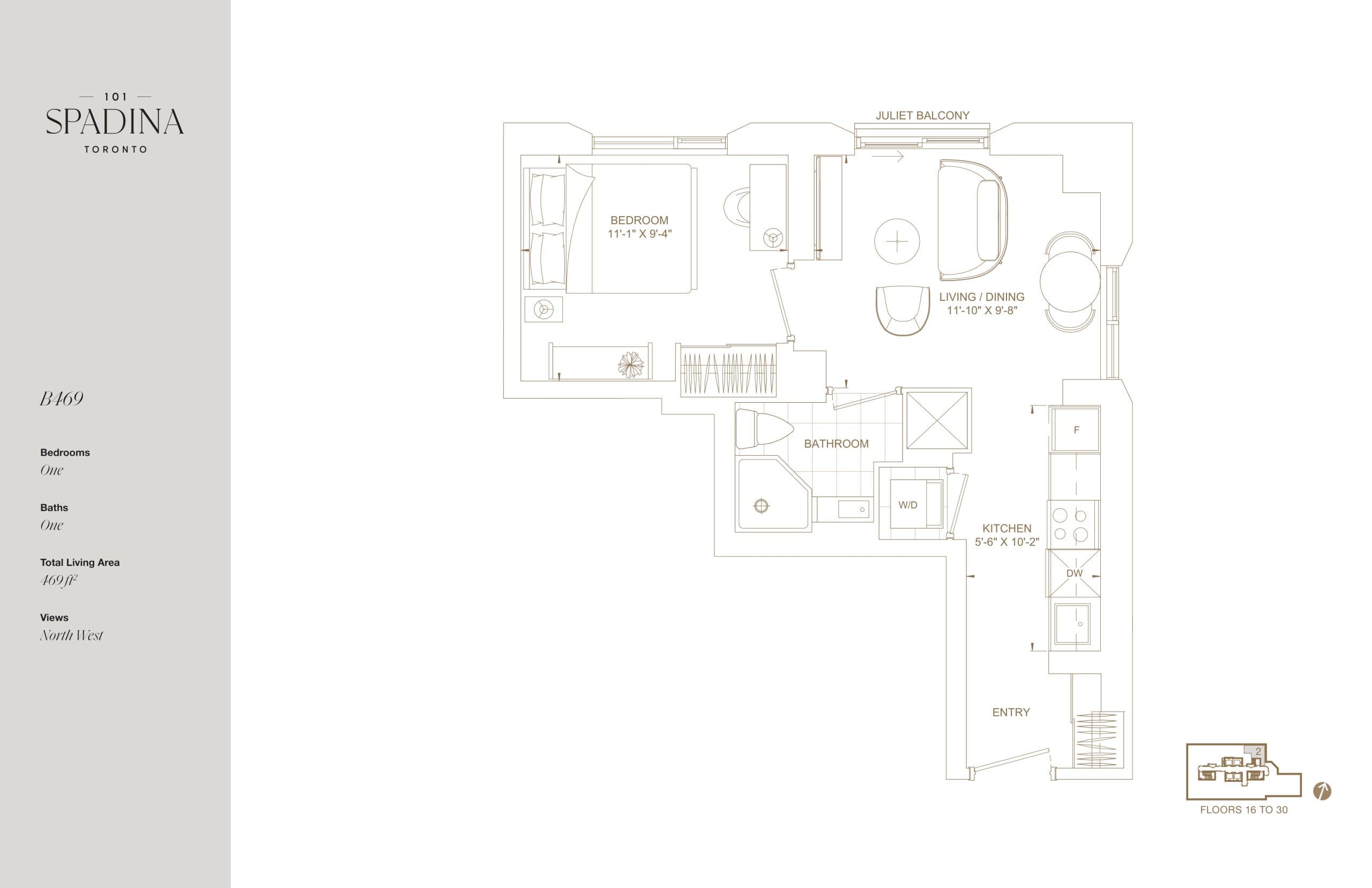 B469 Floor Plan at 101 Spadina Condos - 469 sq.ft