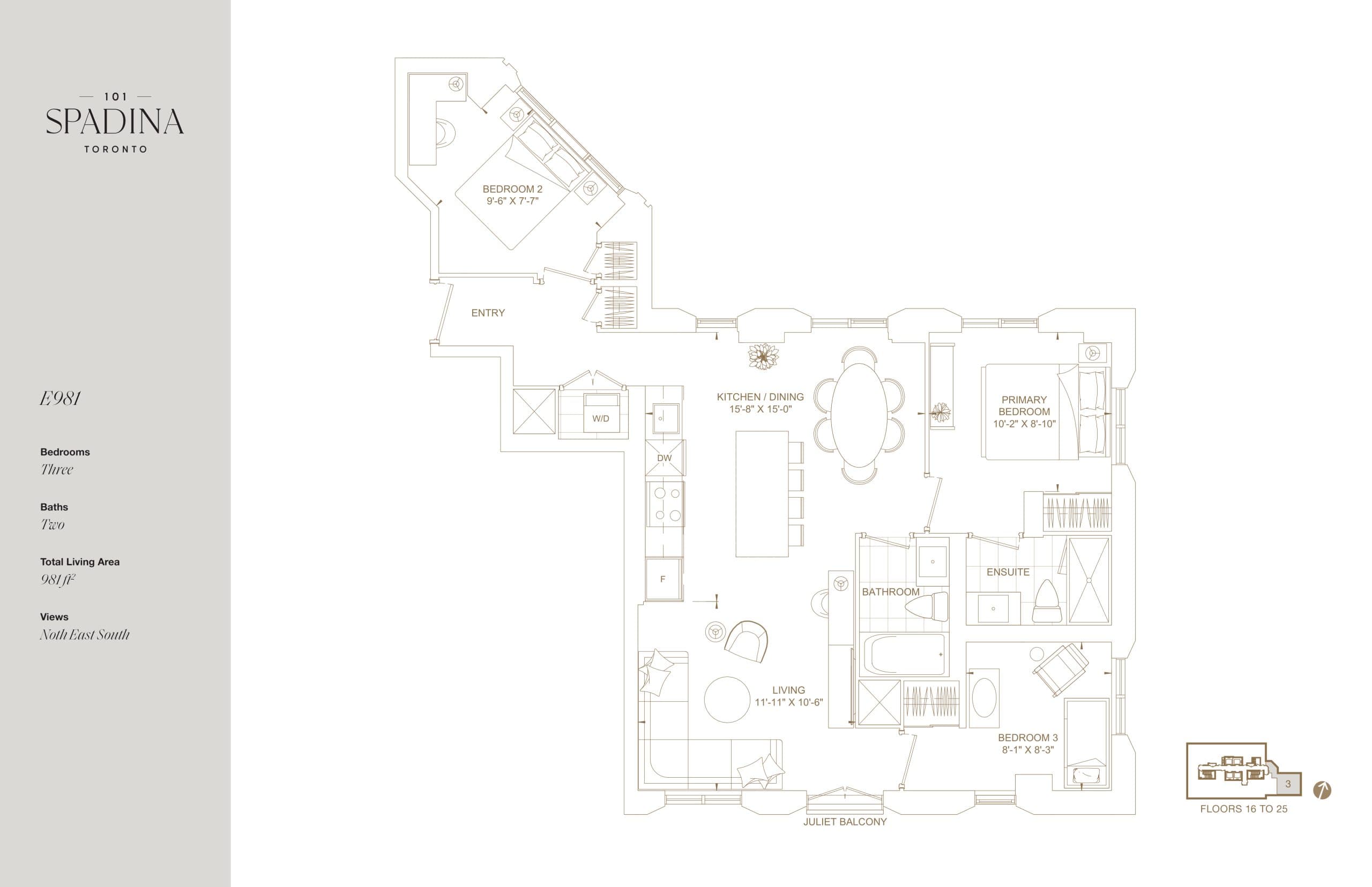E981 Floor Plan at 101 Spadina Condos - 981 sq.ft
