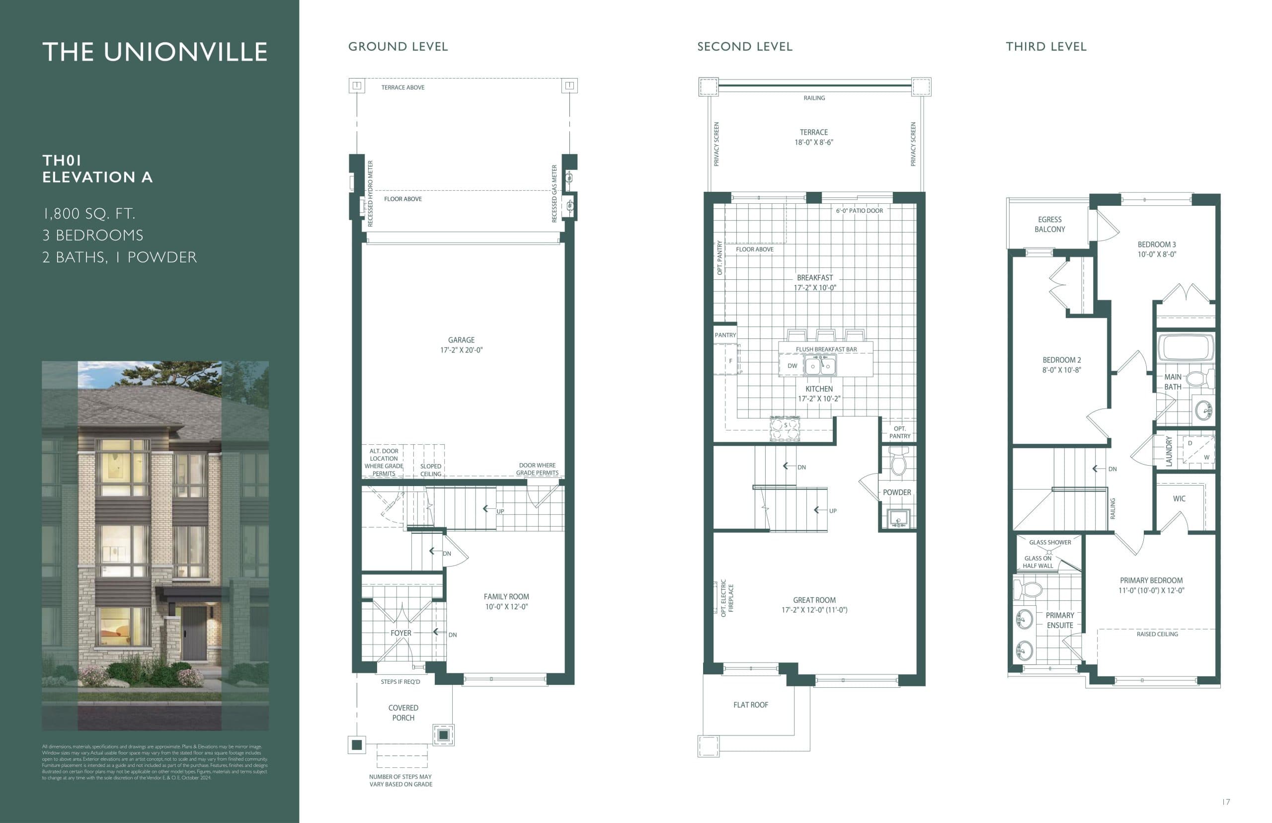 The Unionville TM-1 Elevation A Floor Plan at South Village Manors Towns - 1800 sq.ft