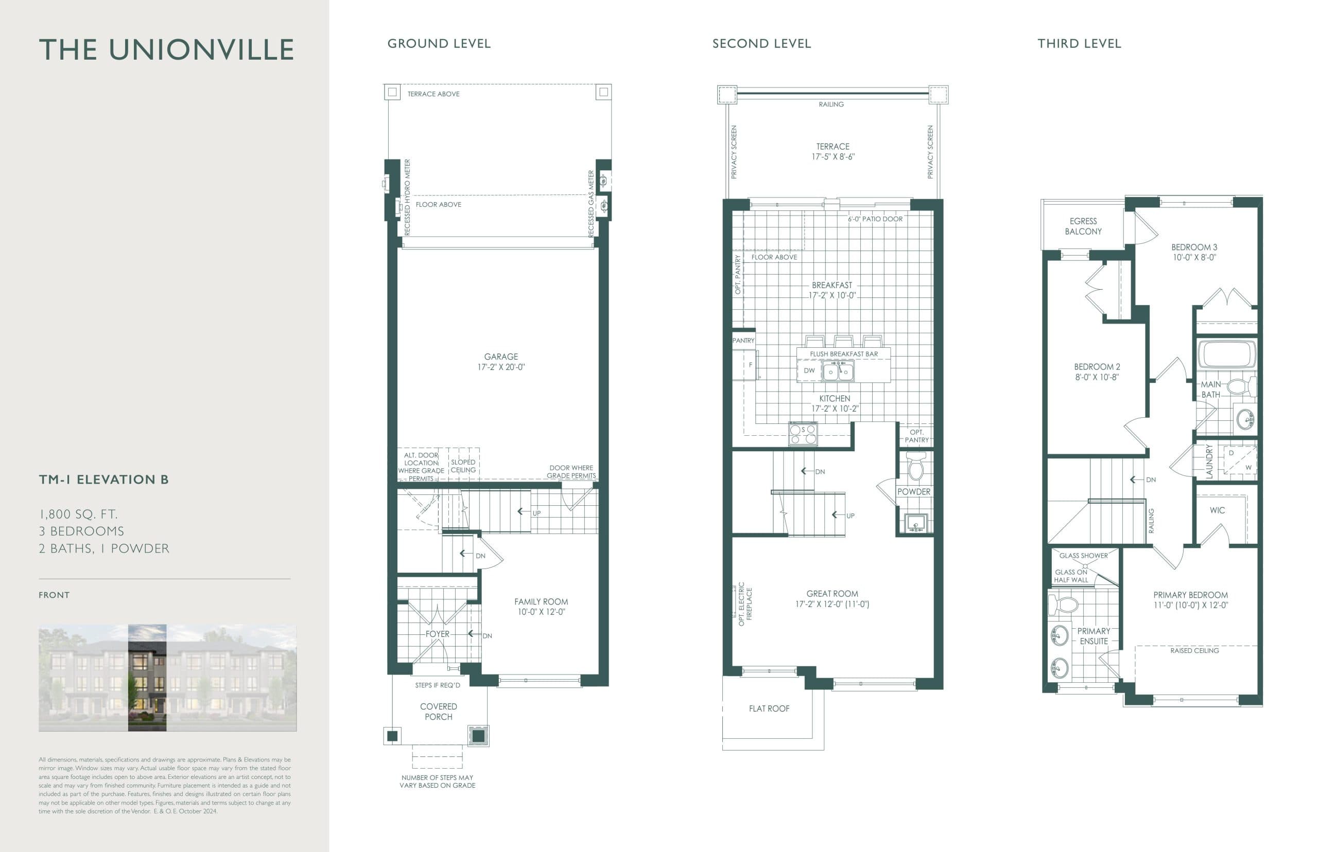 The Unionville TM-1 Elevation B Floor Plan at South Village Manors Towns - 1800 sq.ft