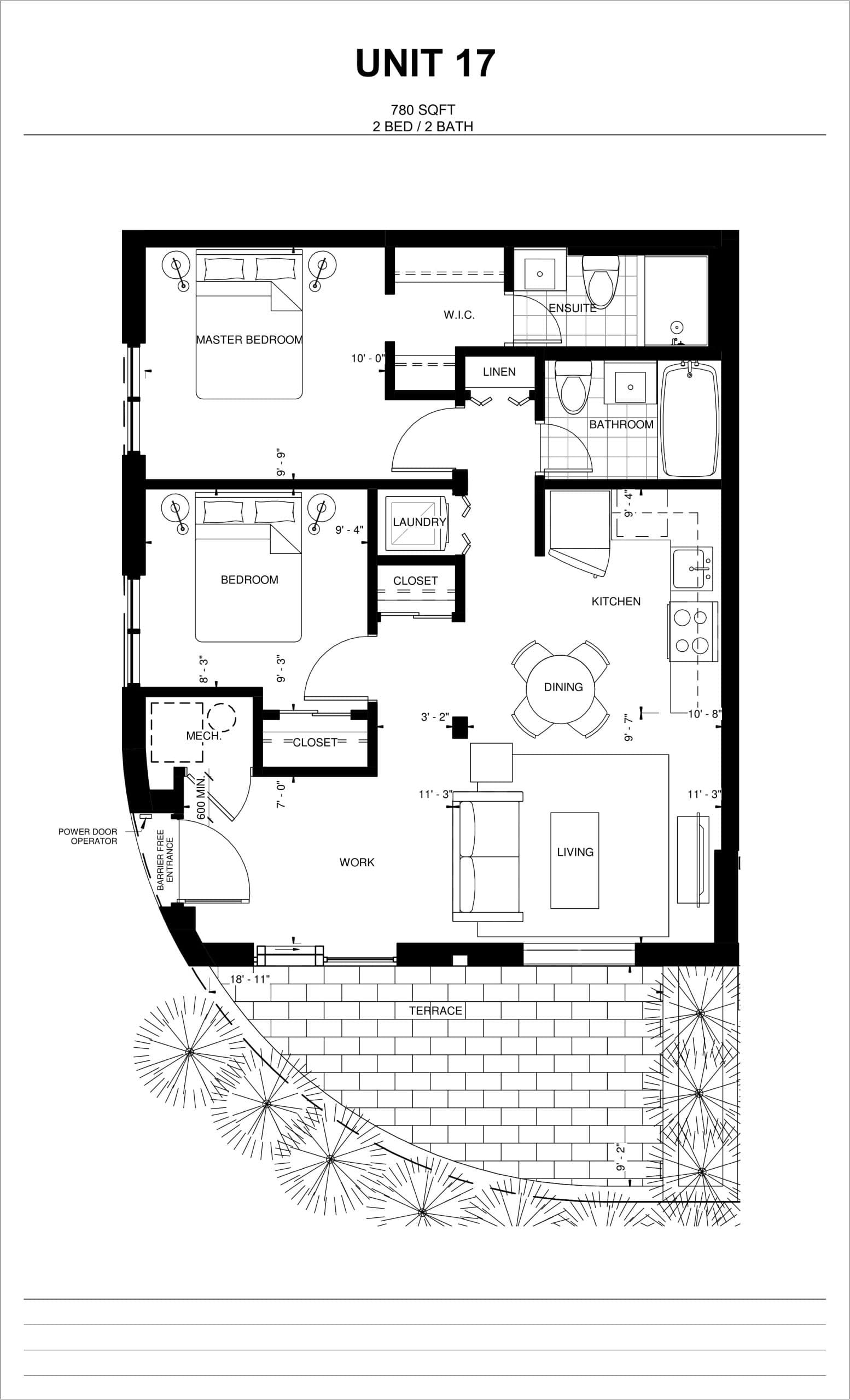 A1 Corner Unit 17 Floor Plan at 3686 St. Clair E. Towns - 780 sq.ft