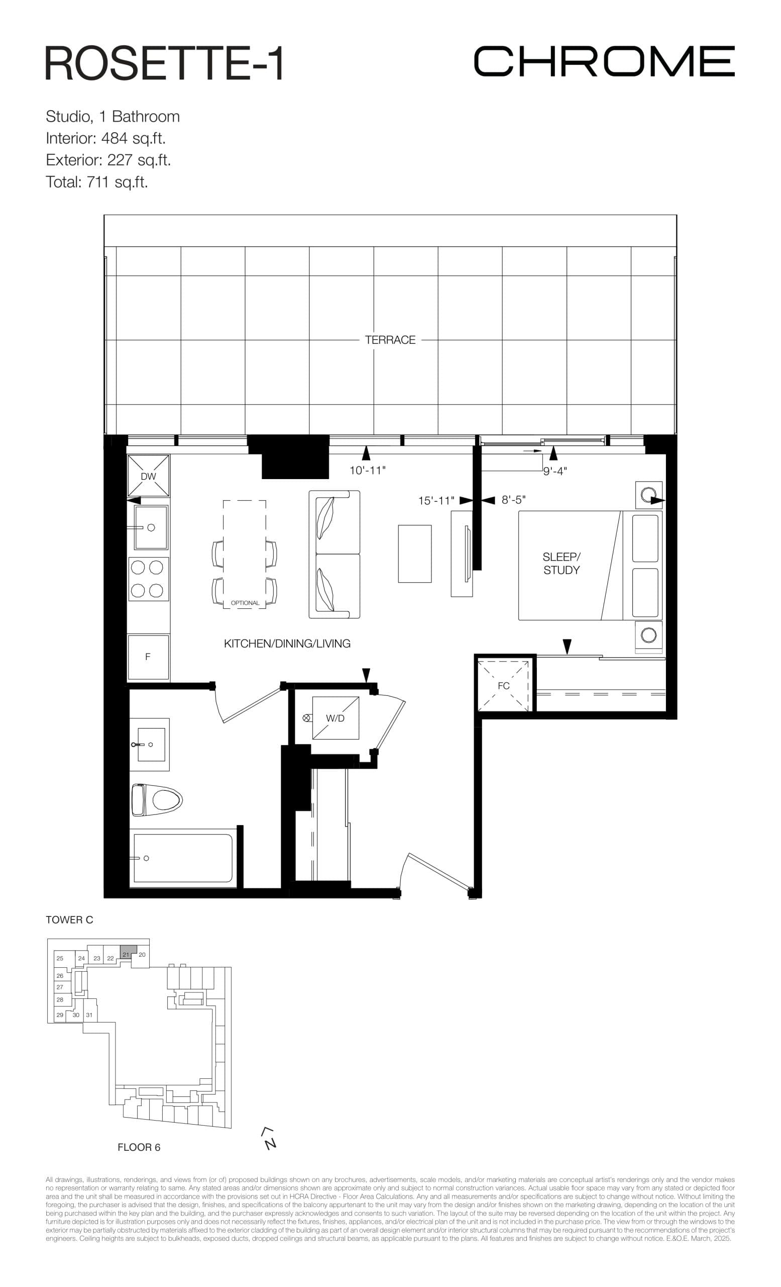 Rosette-1 Floor Plan at Chrome Condos - 484 sq.ft