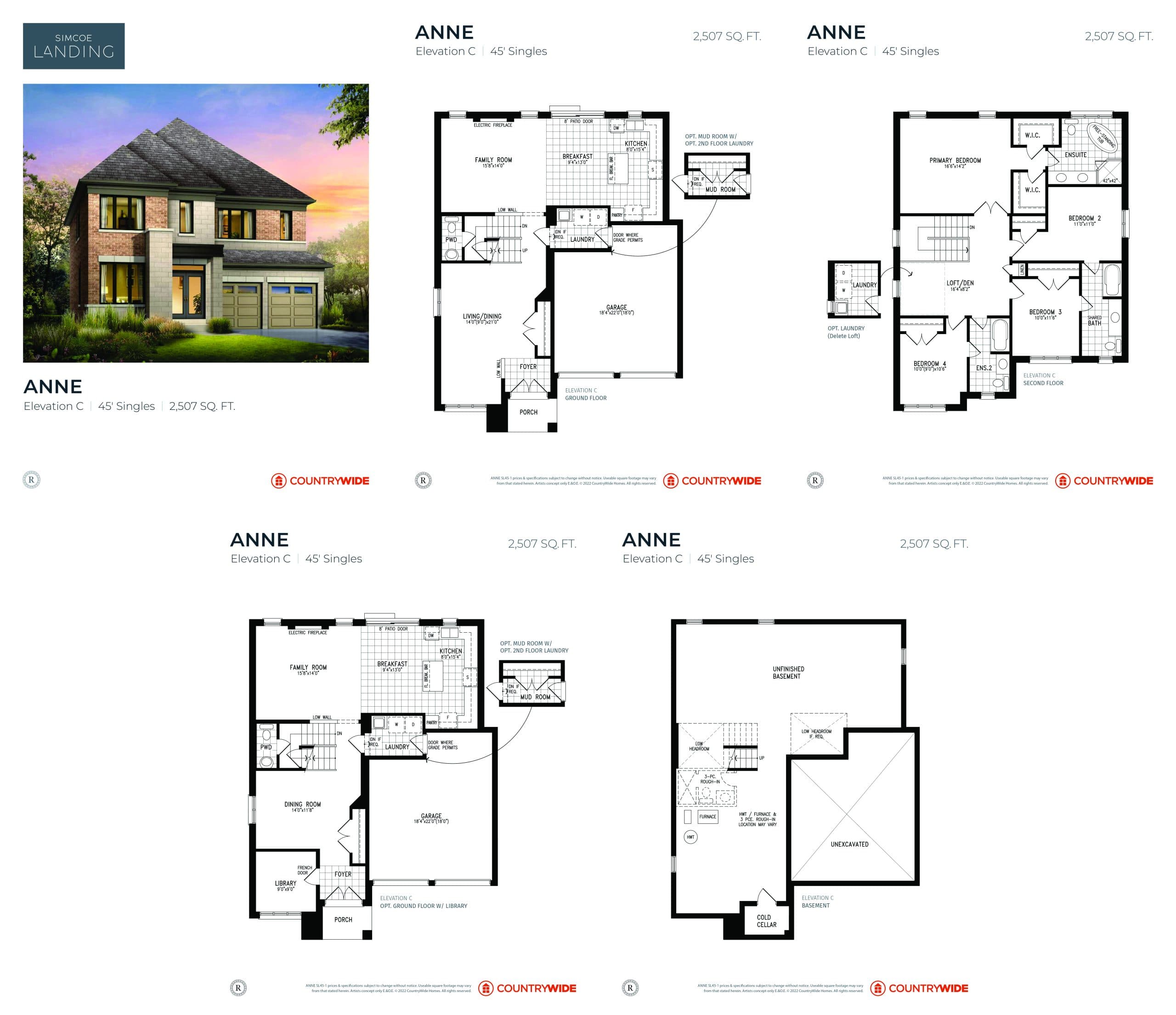 Anne (Elevation C) Floor Plan at Simcoe Landing by CountryWide Homes - 2507 sq.ft