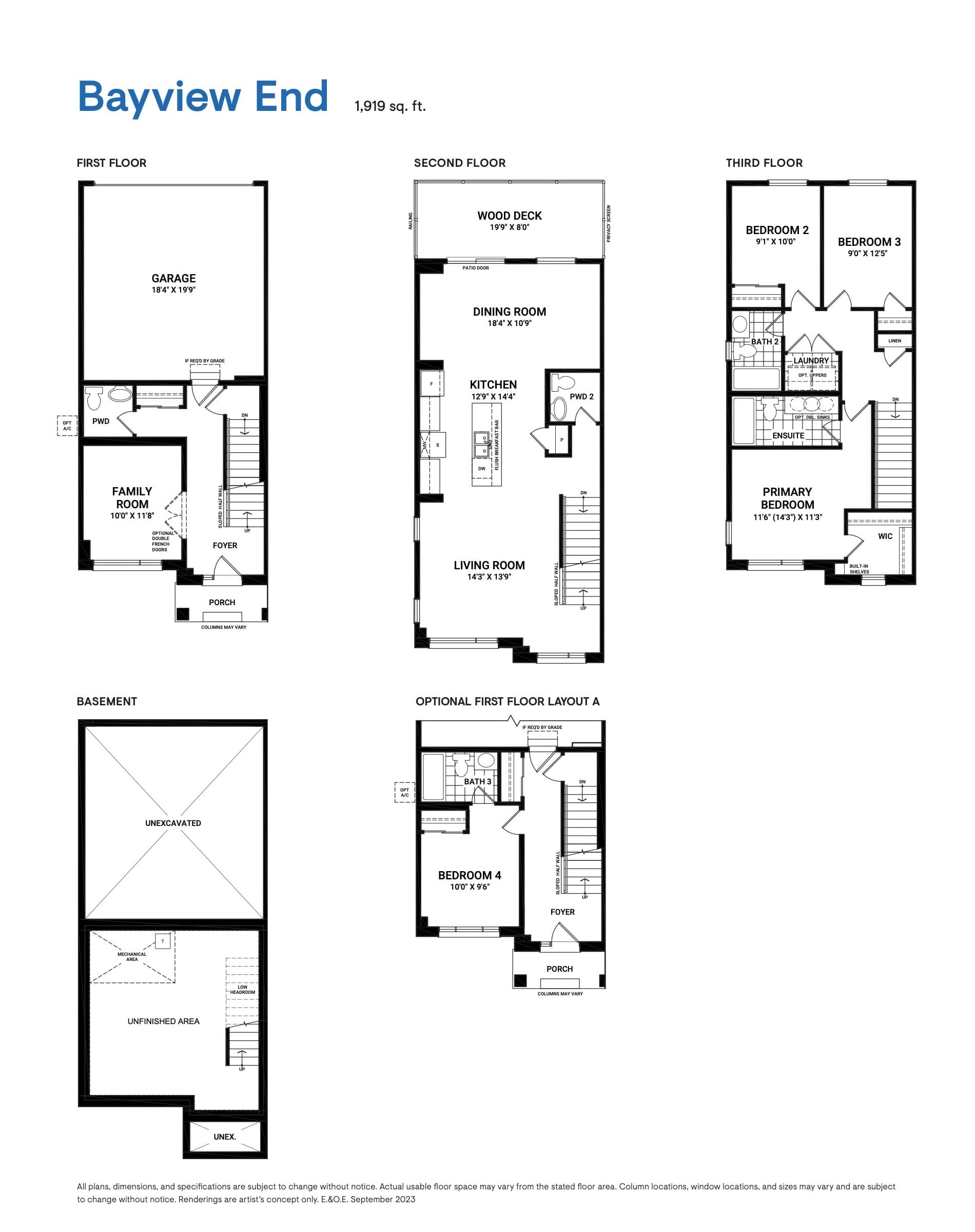 Bayview End Floor Plan at Abbott's Run Towns - 1919 sq.ft
