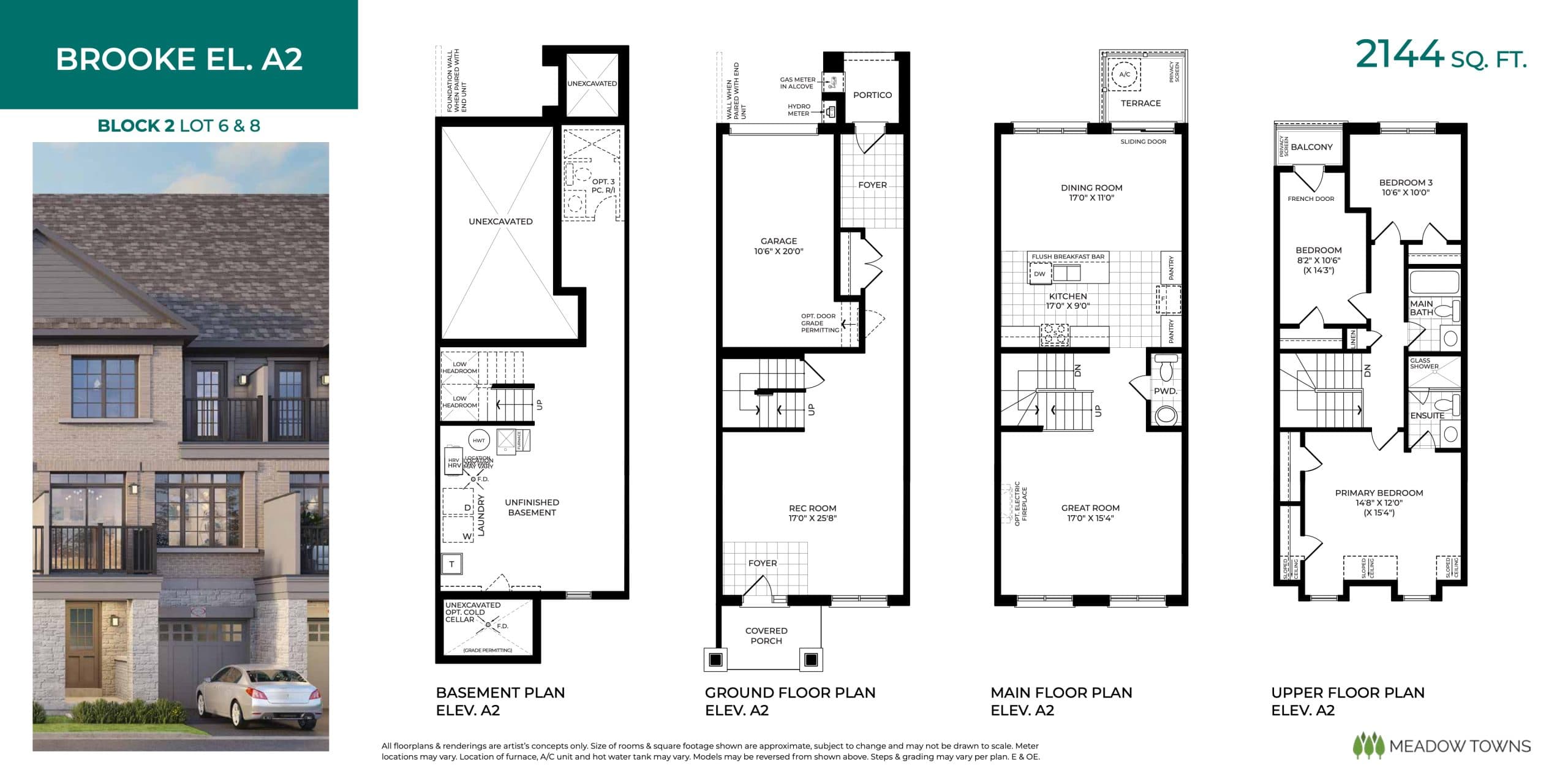 Brooke El. A2 Floor Plan at Meadow Towns - 2144 sq.ft