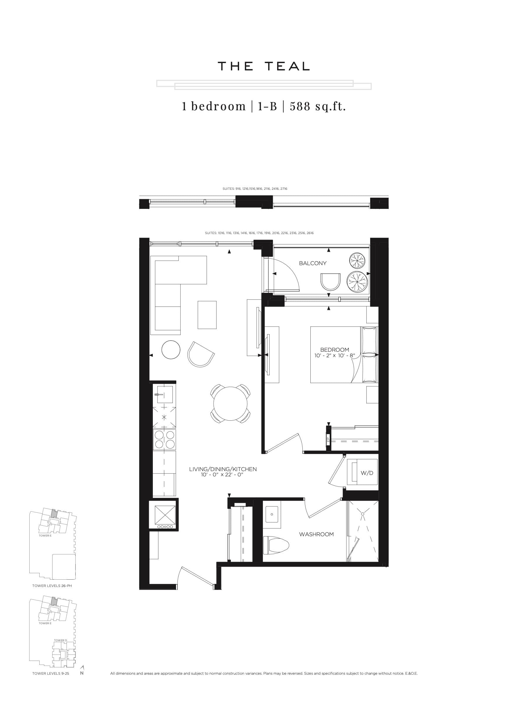 The Teal Floor Plan at Gallery Towers Condos - 588 sq.ft