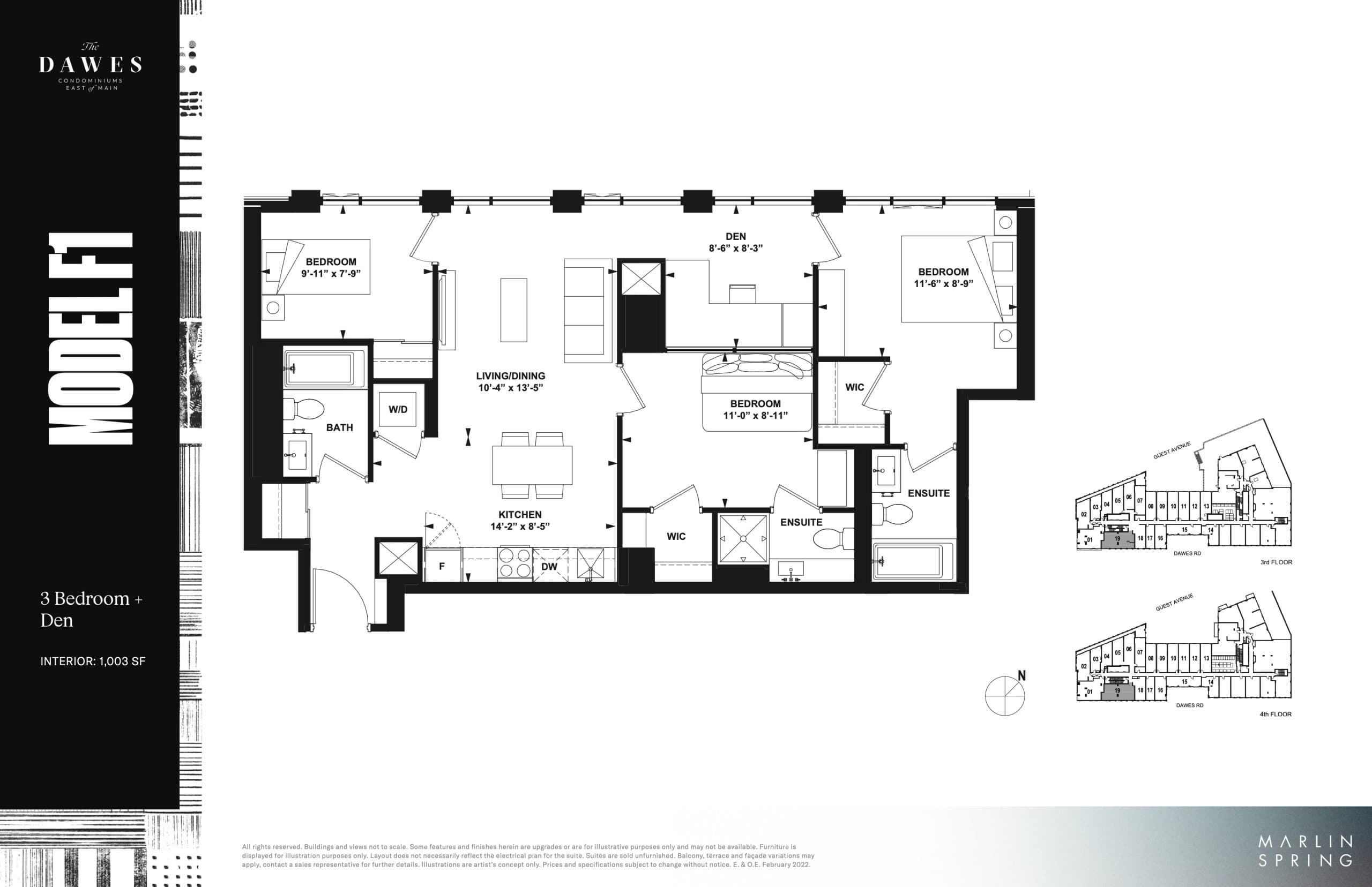 Model F1 Floor Plan at The Dawes Condos - 1003 sq.ft