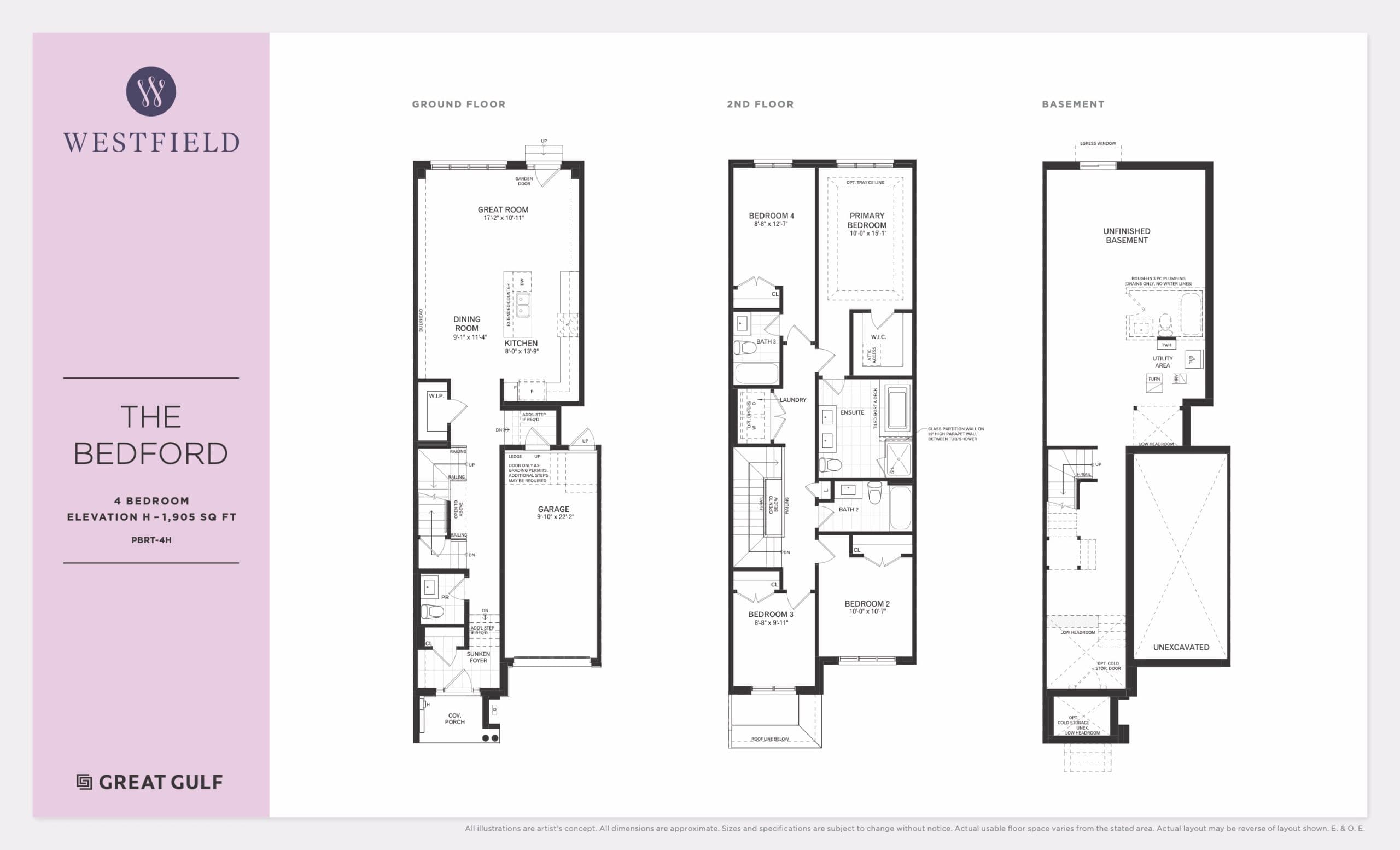 The Bedford (PBRT-4H) Floor Plan at Westfield Towns by Great Gulf - 1905 sq.ft